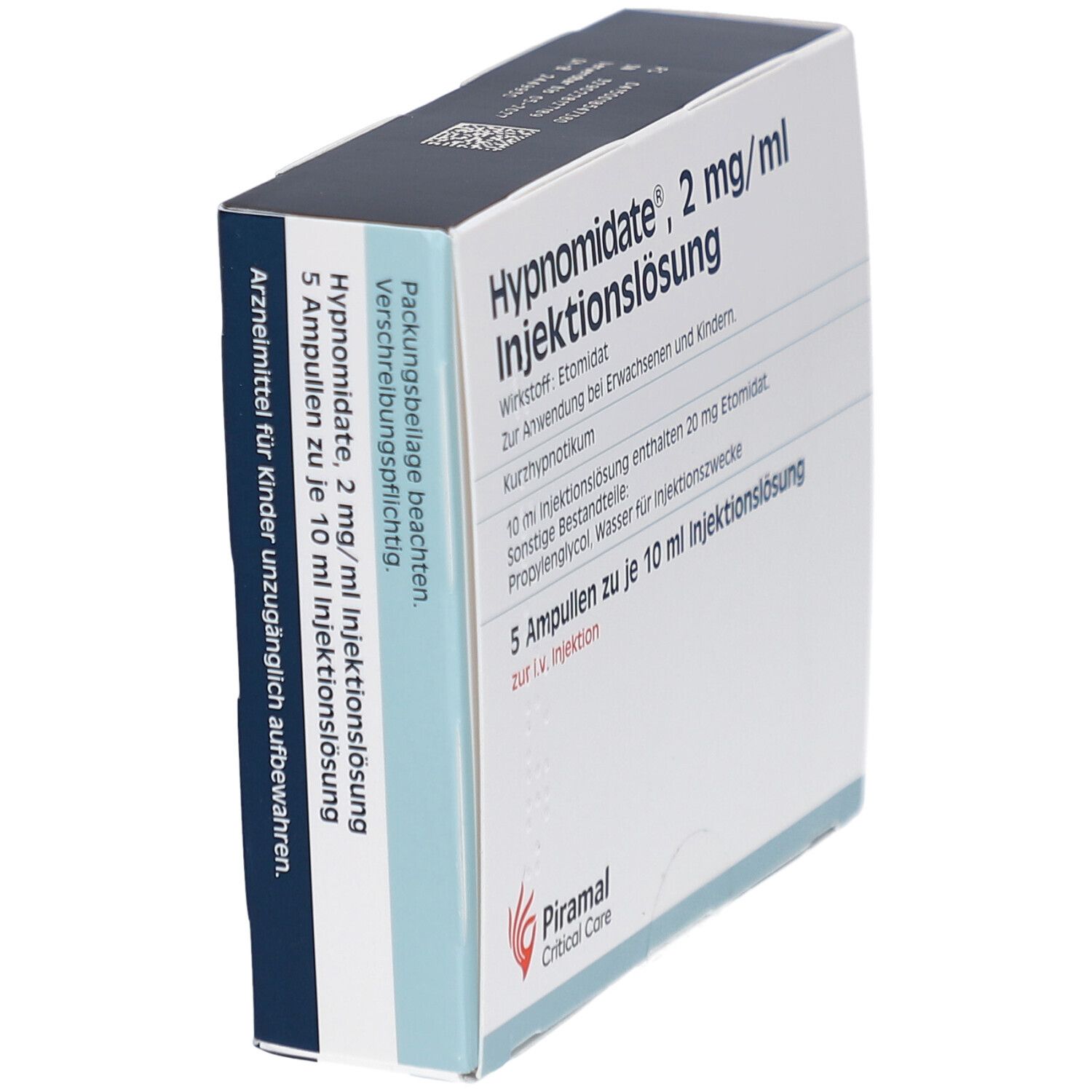 Schräg gestellte Schachtel mit Hypnomidate® 2 mg/ml Injektionslösung. 5 Ampullen. Piramal Critical Care Logo.