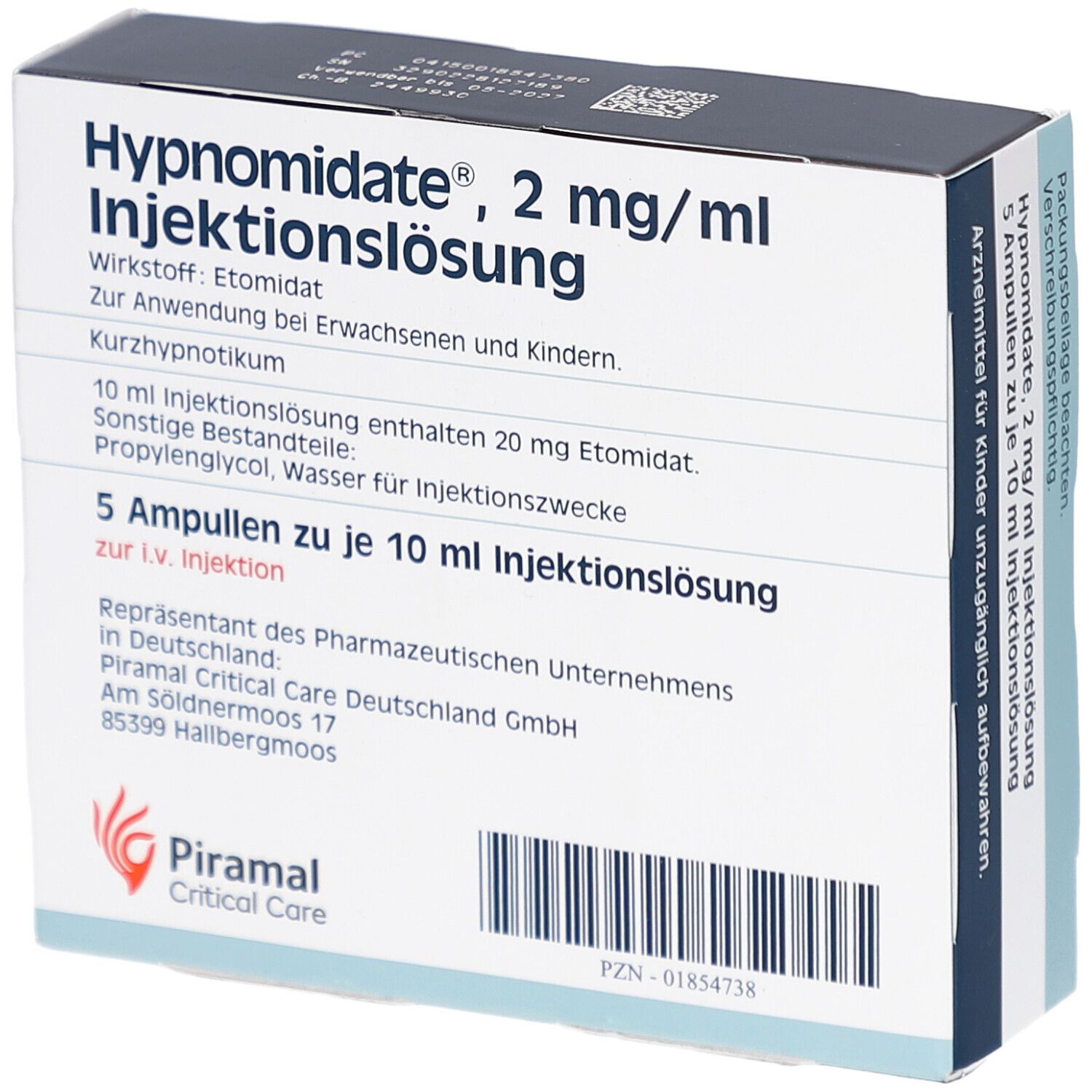 Schachtel mit Hypnomidate® 2 mg/ml Injektionslösung. 5 Ampullen. Piramal Critical Care Logo. PZN-01854738.