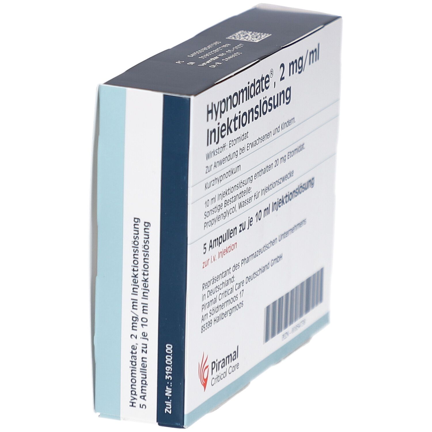 Schräg gestellte Schachtel mit Hypnomidate® 2 mg/ml Injektionslösung. 5 Ampullen. Zul.-Nr.: 19.00.00. Piramal Logo.