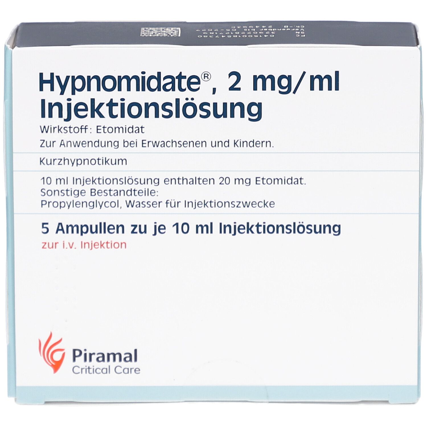 Schachtel mit Hypnomidate® 2 mg/ml Injektionslösung. 5 Ampullen. Piramal Critical Care Logo.