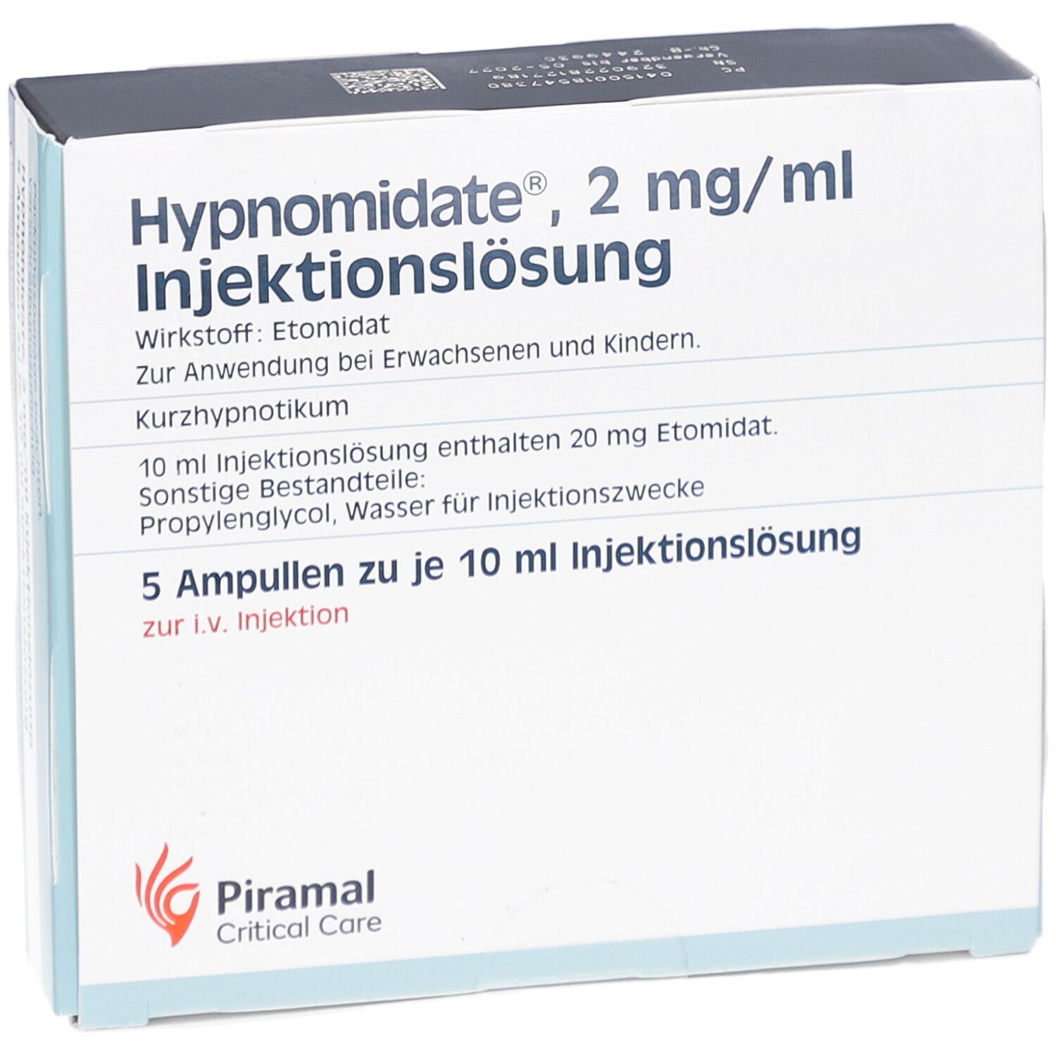 Schachtel mit Hypnomidate® 2 mg/ml Injektionslösung. 5 Ampullen. Piramal Critical Care Logo.