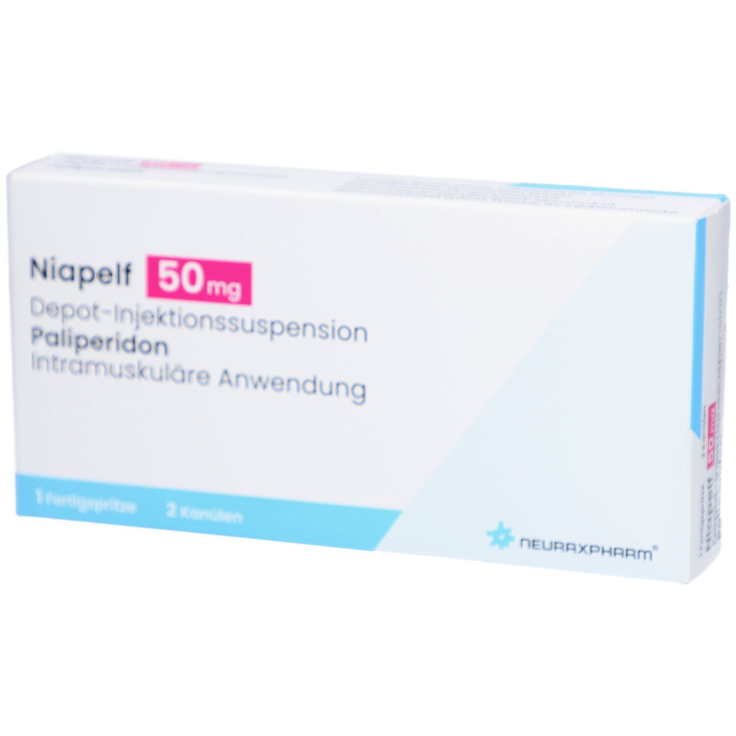 Weiße Arzneimittelverpackung mit rosa Akzenten. Beschriftung: Niapelf 50 mg, Depot-Injektionssuspension, Palipderidon. 2 Kanülen.