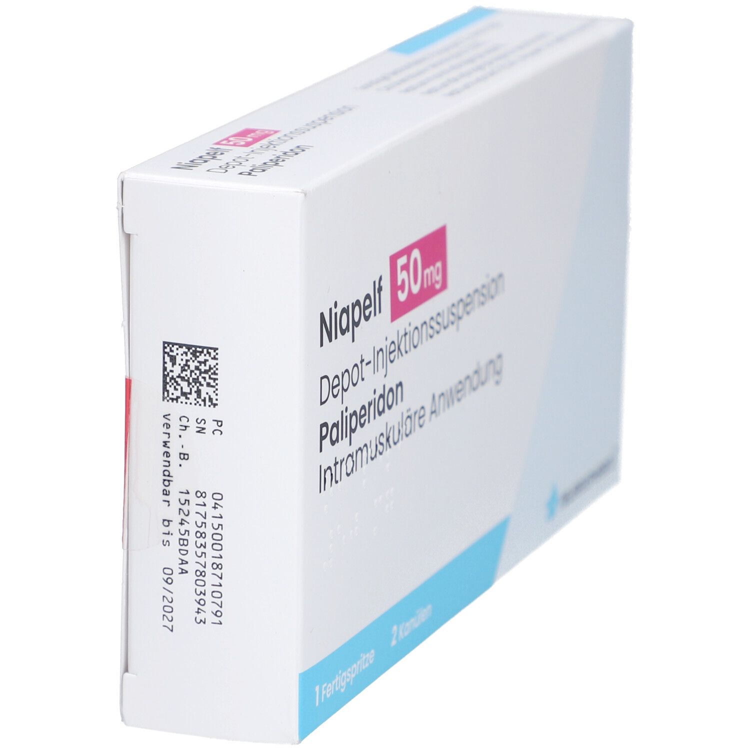 Arzneimittelverpackung, weiß mit rosa und blauen Akzenten. Beschriftung: Niapelf 50 mg. Barcode und Verfallsdatum.