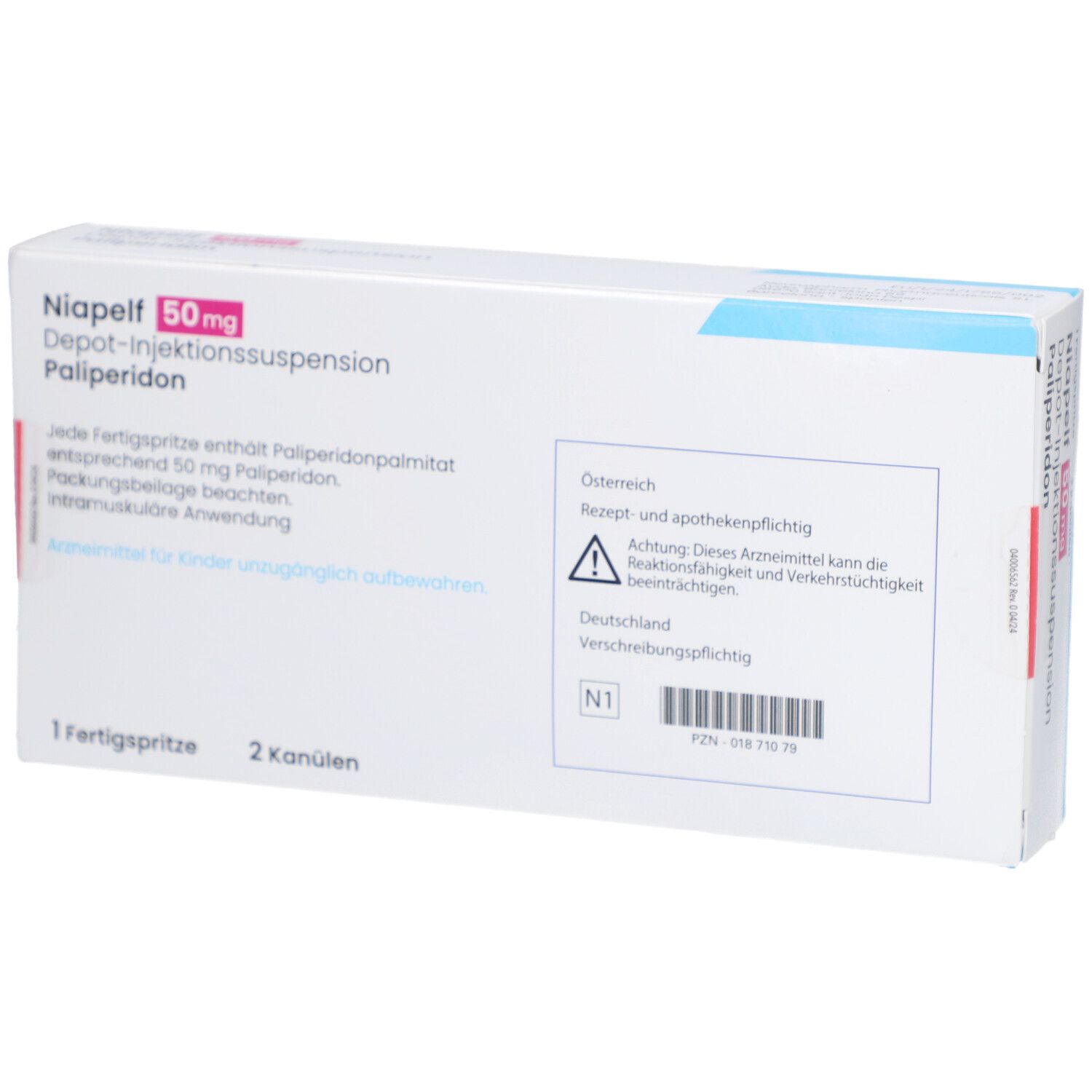 Arzneimittelverpackung, weiß mit rosa und blauen Akzenten. Beschriftung: Niapelf 50 mg. Warnhinweise und PZN-Nummer.