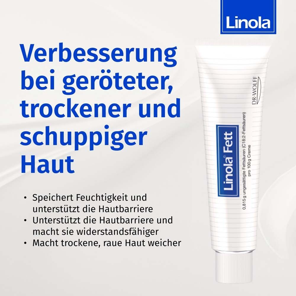 Weiße Tube, Aufschrift Linola Fett. Text: Verbesserung bei geröteter, trockener und schuppiger Haut.
