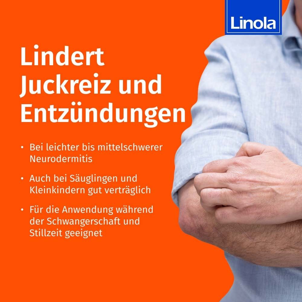 Text: Lindert Juckreiz und Entzündungen. Geeignet für Säuglinge und Schwangerschaft. Orangefarbener Hintergrund.