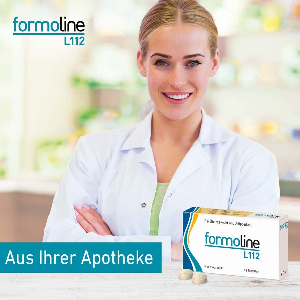 Frau mit weißem Kittel und Produktverpackung. Aufschrift: formoline L112. Aus Ihrer Apotheke. 48 Tabletten.