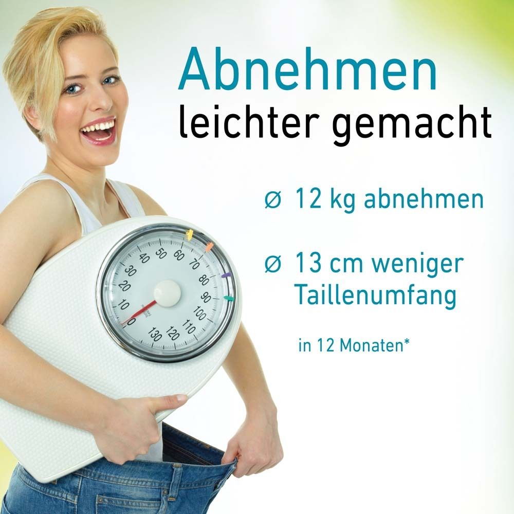 Frau auf Waage. Text: Abnehmen leichter gemacht. -12 kg abnehmen. -13 cm weniger Taillenumfang in 12 Monaten.