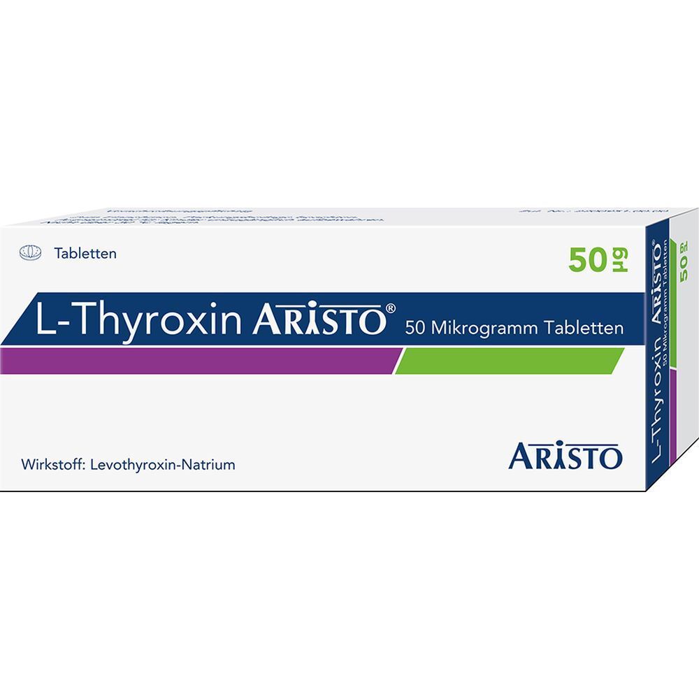 Schachtel L-Thyroxin Aristo 50 µg Tabletten. Weiß, mit lila und grünen Streifen. Schriftzug und Logo Aristo.