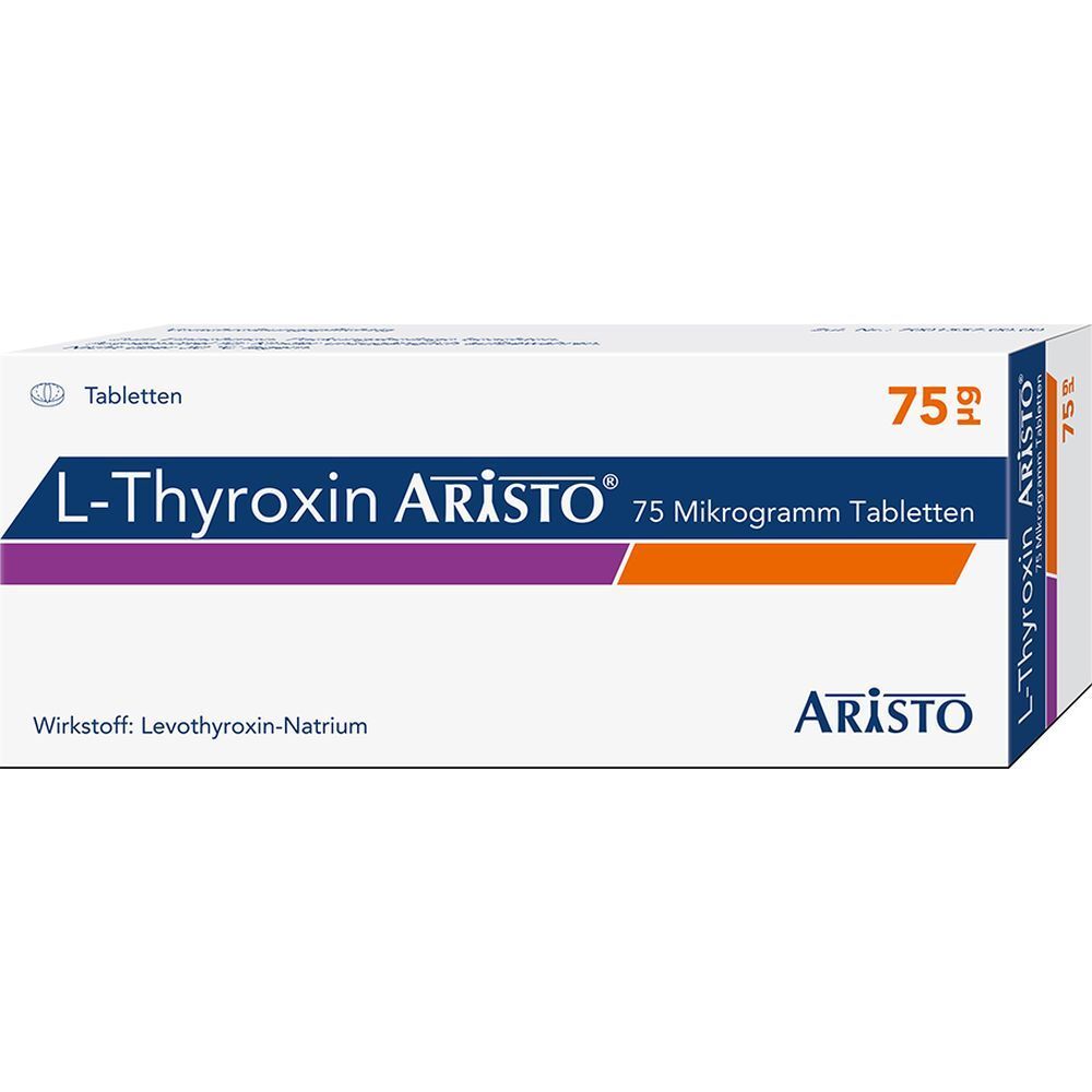 Schachtel mit L-Thyroxin Aristo 75 µg Tabletten. Weiß, mit lila und orangefarbenen Streifen. Text: Aristo, 75 Mikrogramm Tabletten.