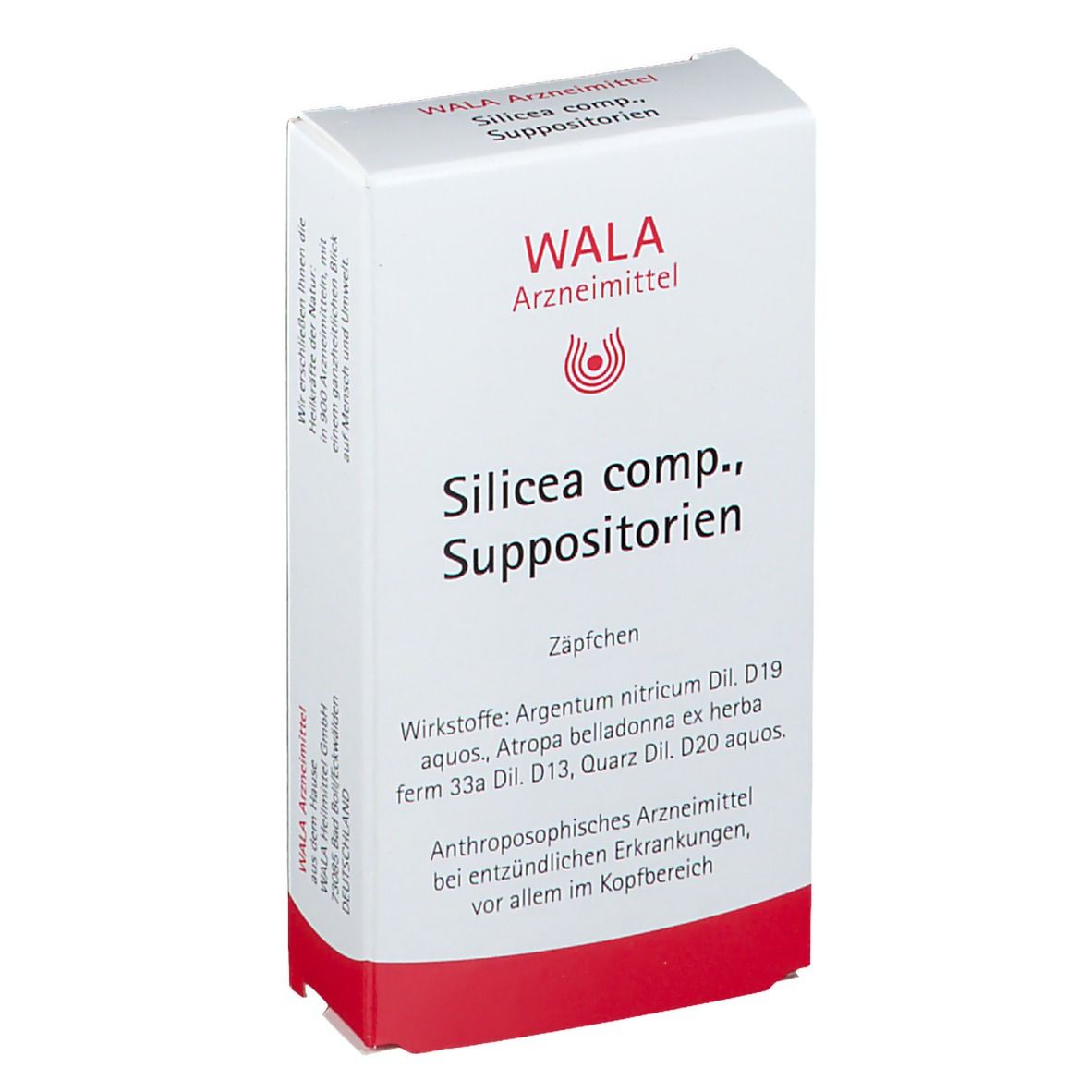 Weiße Schachtel mit rotem Boden. Aufschrift: WALA Arzneimittel, Silicea comp., Suppositorien. Wirkstoffe und Anwendungsbereich.