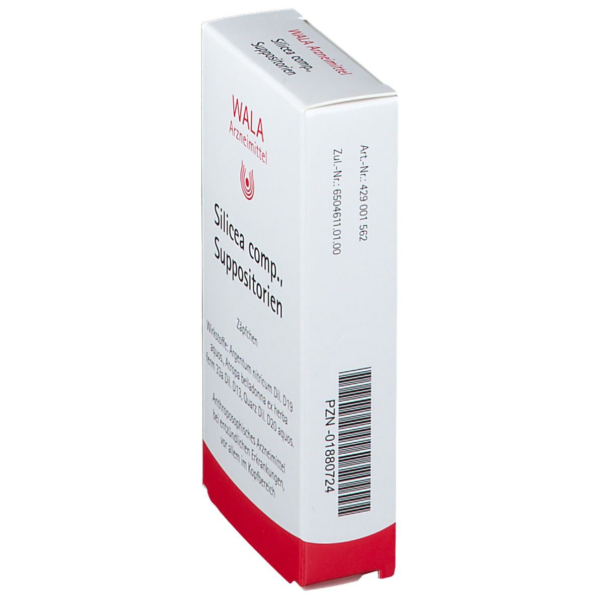 Weiße Schachtel mit rotem Boden. Aufschrift: WALA Arzneimittel, Silicea comp., Suppositorien. Barcode und Artikelnummer.