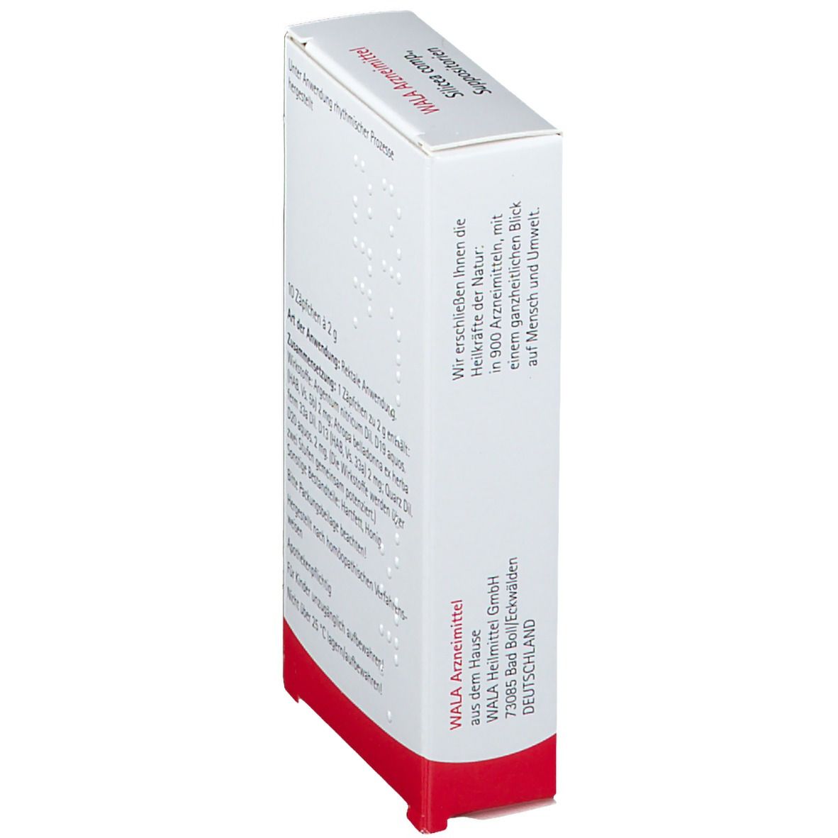 Weiße Schachtel mit rotem Boden. Aufschrift: WALA Arzneimittel, Silicea comp., Suppositorien. Text über die Herstellung.