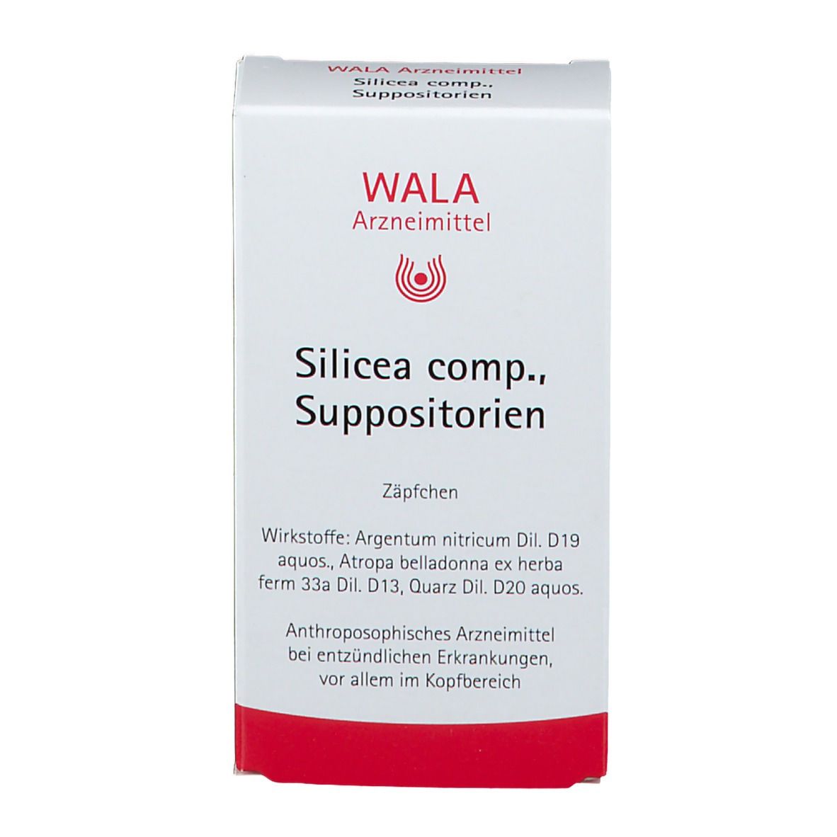 Weiße Schachtel mit rotem Boden. Aufschrift: WALA Arzneimittel, Silicea comp., Suppositorien. Wirkstoffe und Anwendungsbereich.