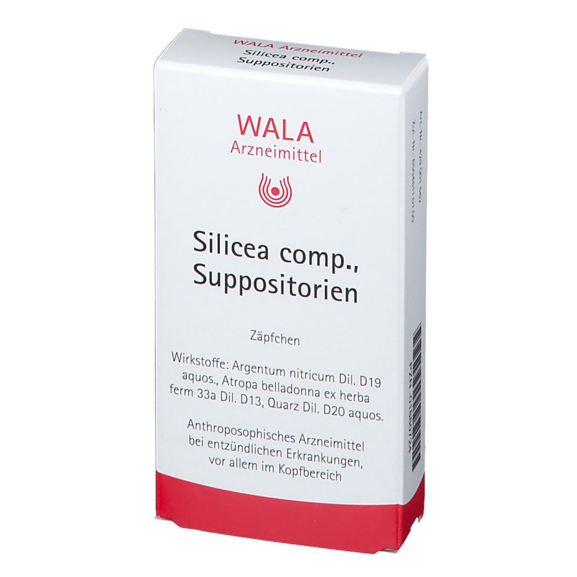 Weiße Schachtel mit rotem Boden. Aufschrift: WALA Arzneimittel, Silicea comp., Suppositorien. Wirkstoffe und Anwendungsbereich.