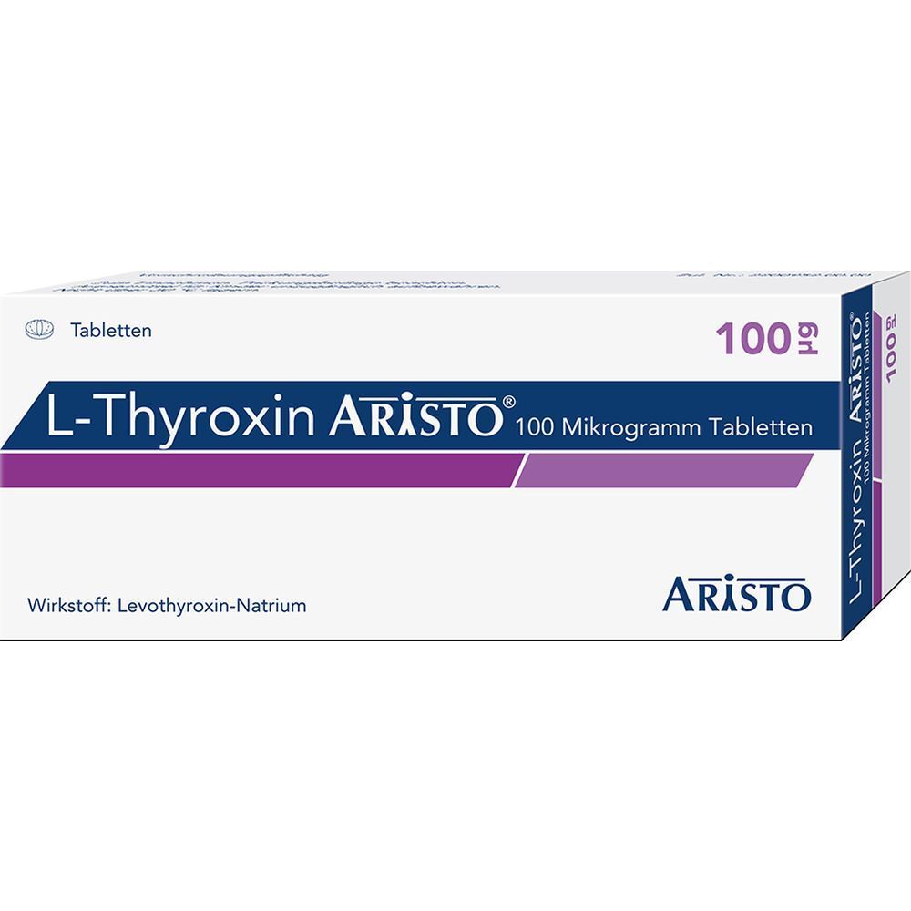 Schachtel mit L-Thyroxin Aristo 100 Mikrogramm Tabletten. Weiß, mit lila Streifen und Schriftzug. Aristo-Logo.
