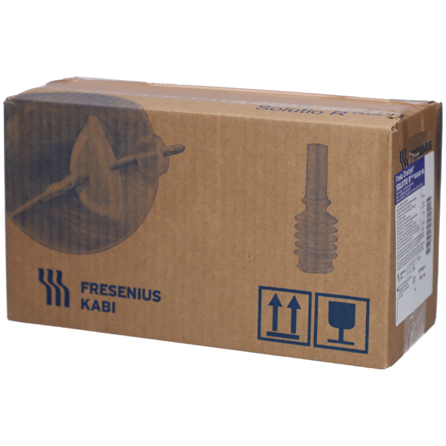Brauner Karton mit Produktabbildung. Logo Fresenius Kabi. Abbildung eines Produkts. Transportkennzeichnungen.