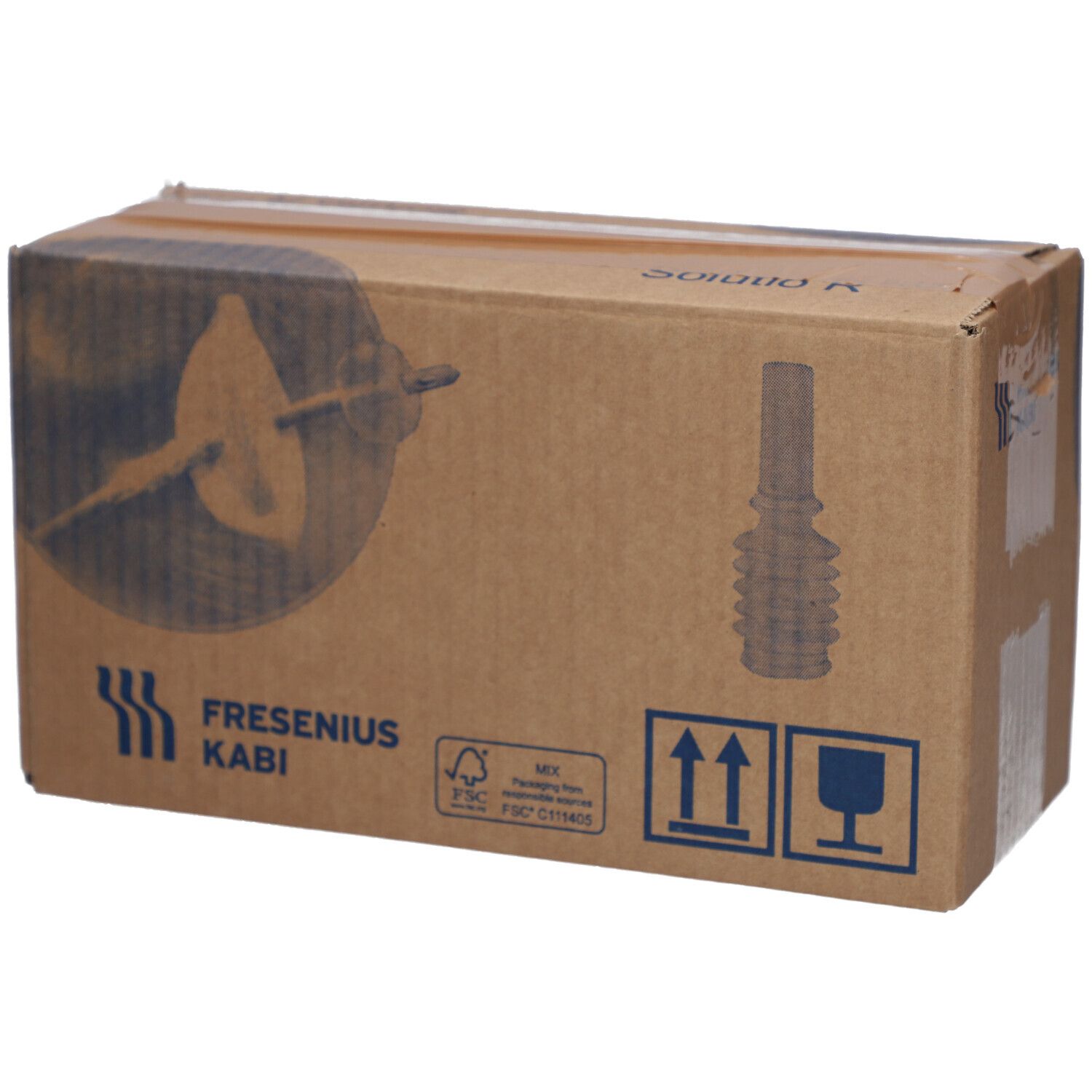 Brauner Karton mit Logo Fresenius Kabi. Aufdruck Freka Drainjet Solutio R Plus. Transportkennzeichnungen.