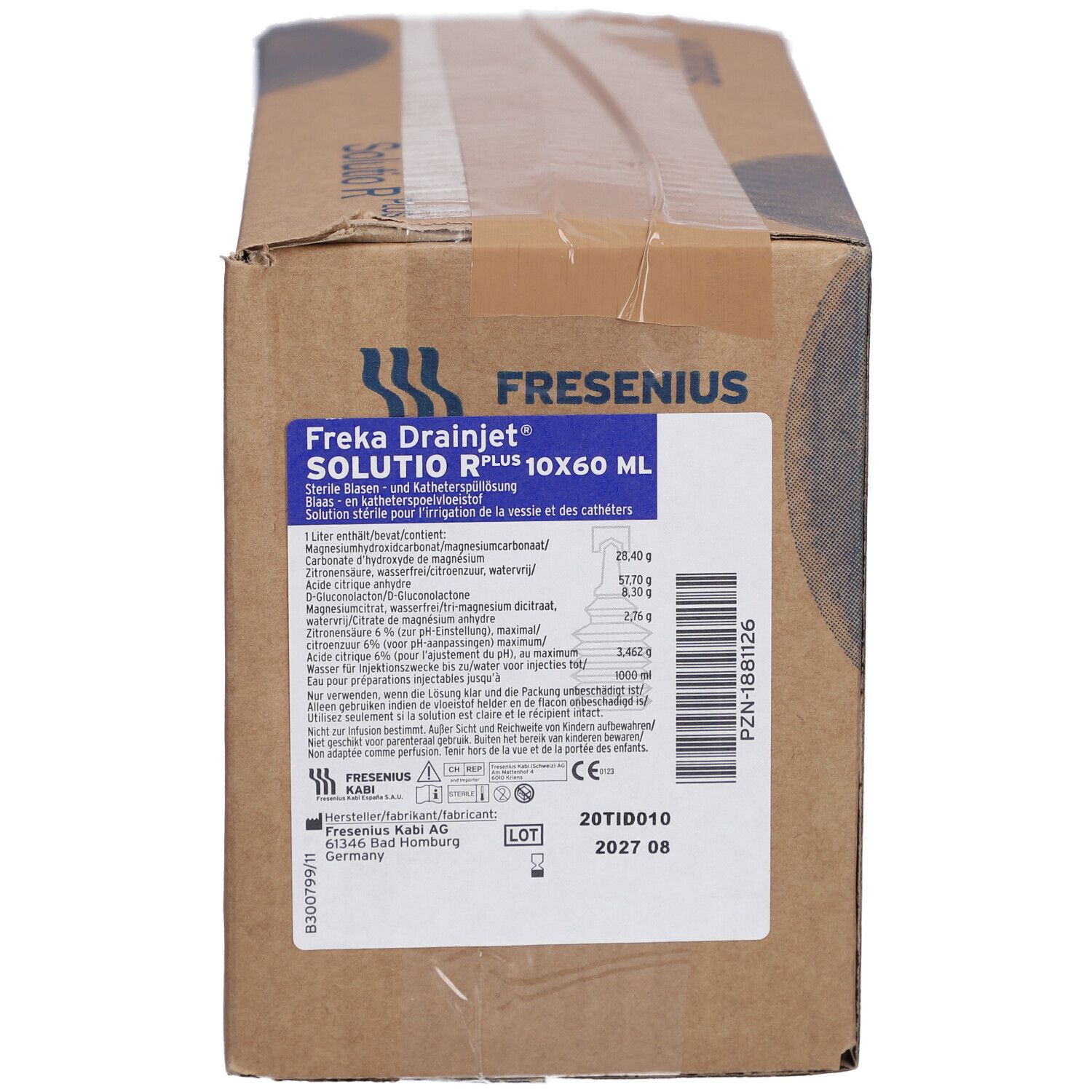 Karton mit Produktaufdrucken. Aufschrift: Freka Drainjet Solutio R Plus 10x60 ml. Hersteller: Fresenius Kabi. Mit Produktinformationen und CE-Kennzeichnung.