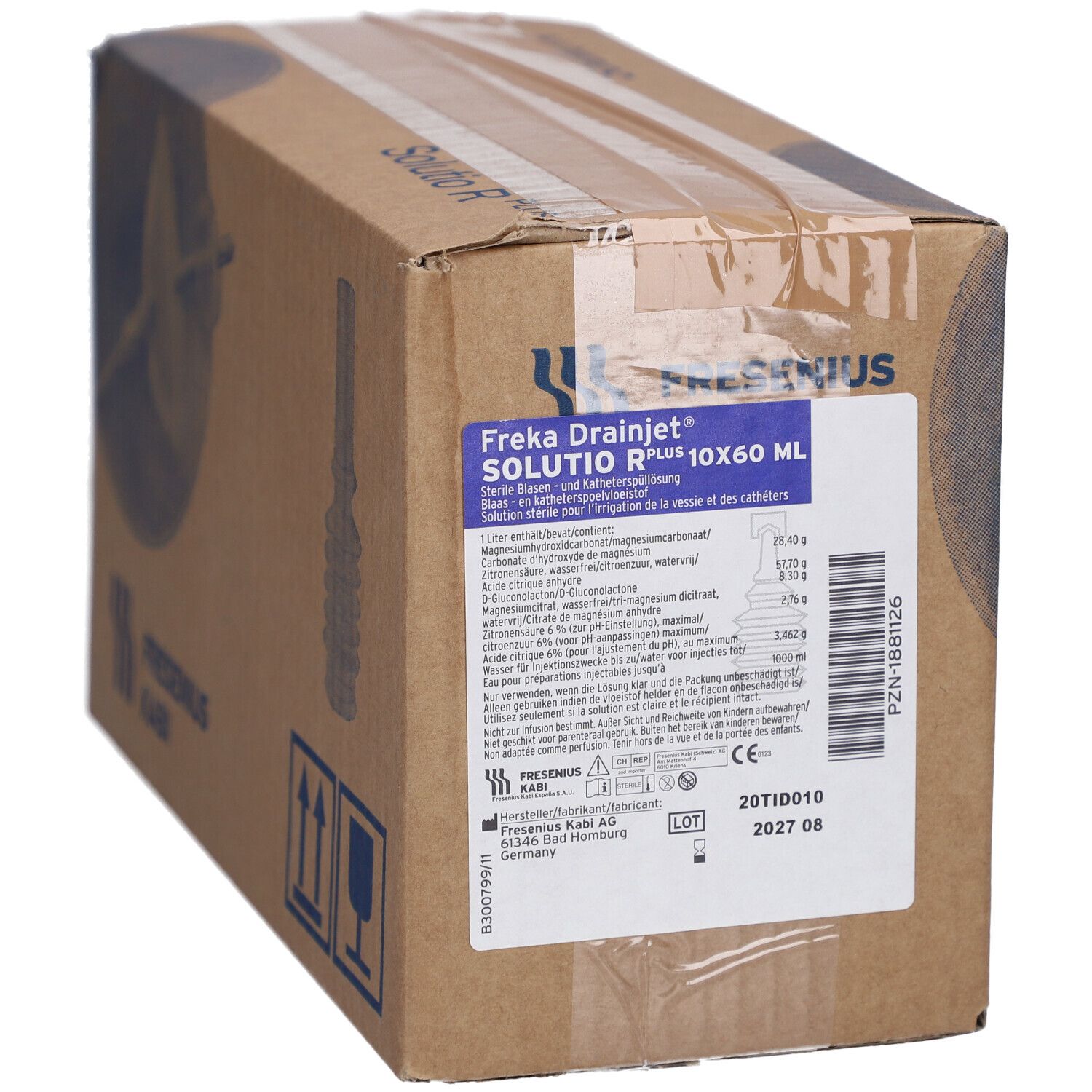 Karton mit Produktaufdrucken. Aufschrift: Freka Drainjet Solutio R Plus 10x60 ml. Hersteller: Fresenius Kabi. Mit Produktinformationen und CE-Kennzeichnung.
