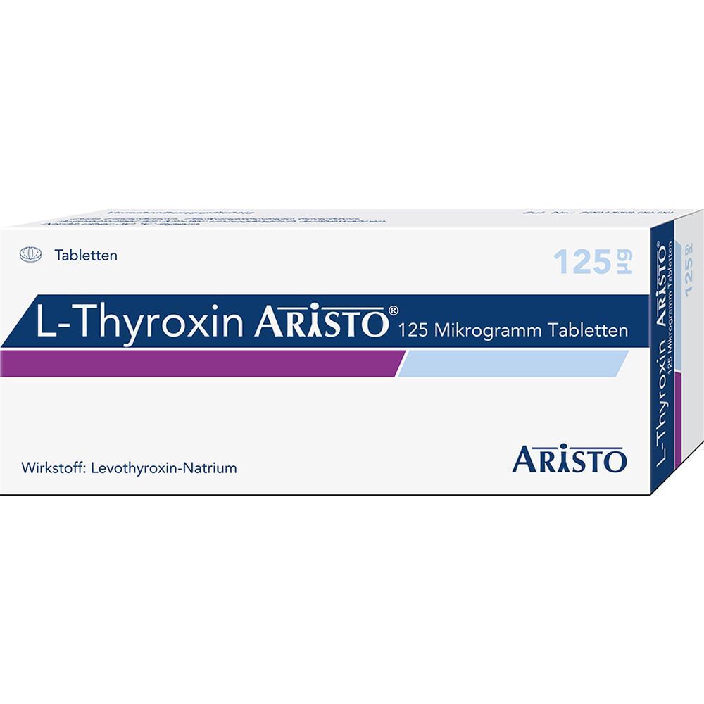 Schachtel mit L-Thyroxin Aristo 125 Mikrogramm Tabletten. Weiße Verpackung mit blauen und violetten Streifen. Schriftzug und Logo.