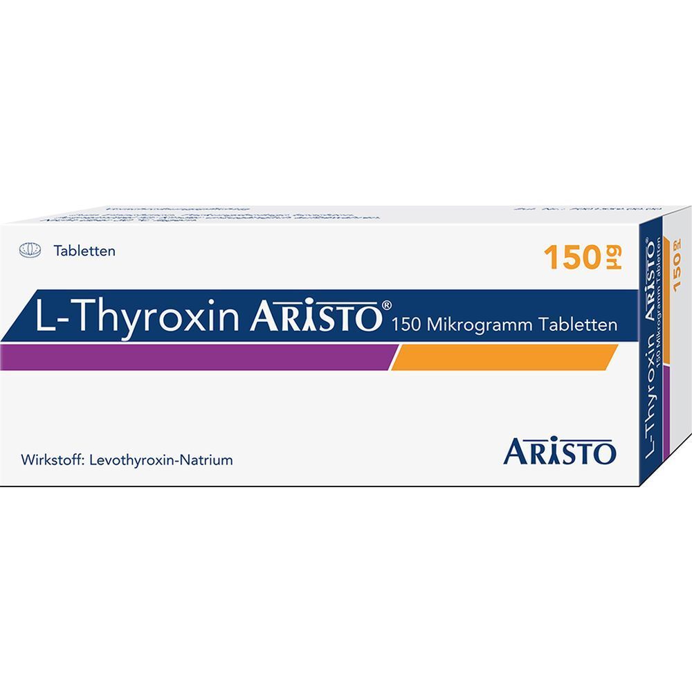 Schachtel L-Thyroxin Aristo 150 µg Tabletten. Weiß, lila und orangefarbene Streifen. Wirkstoff: Levothyroxin-Natrium.