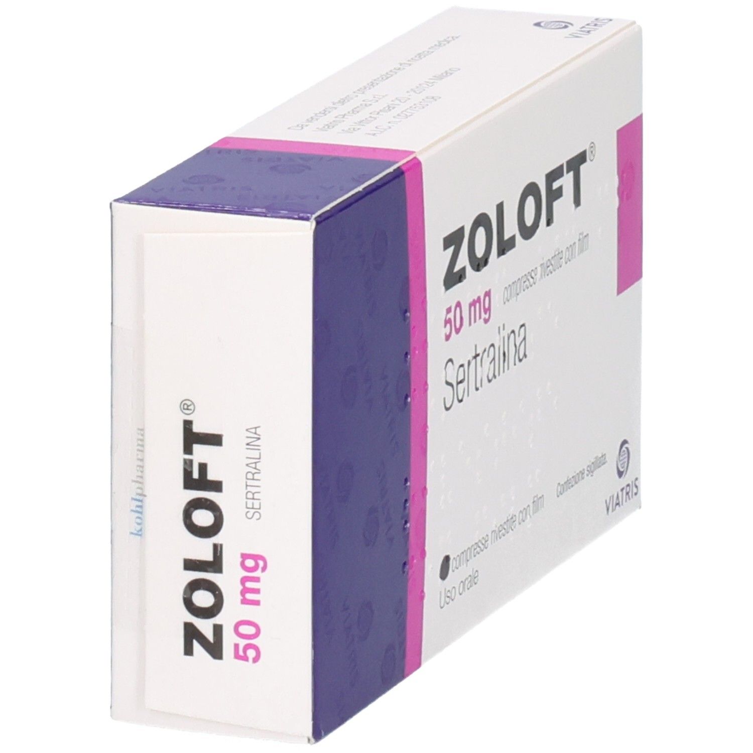 Zoloft 50 mg Schachtel. Aufschrift: Zoloft, 50 mg, Sertralina. Verpackung von kohlpharma.