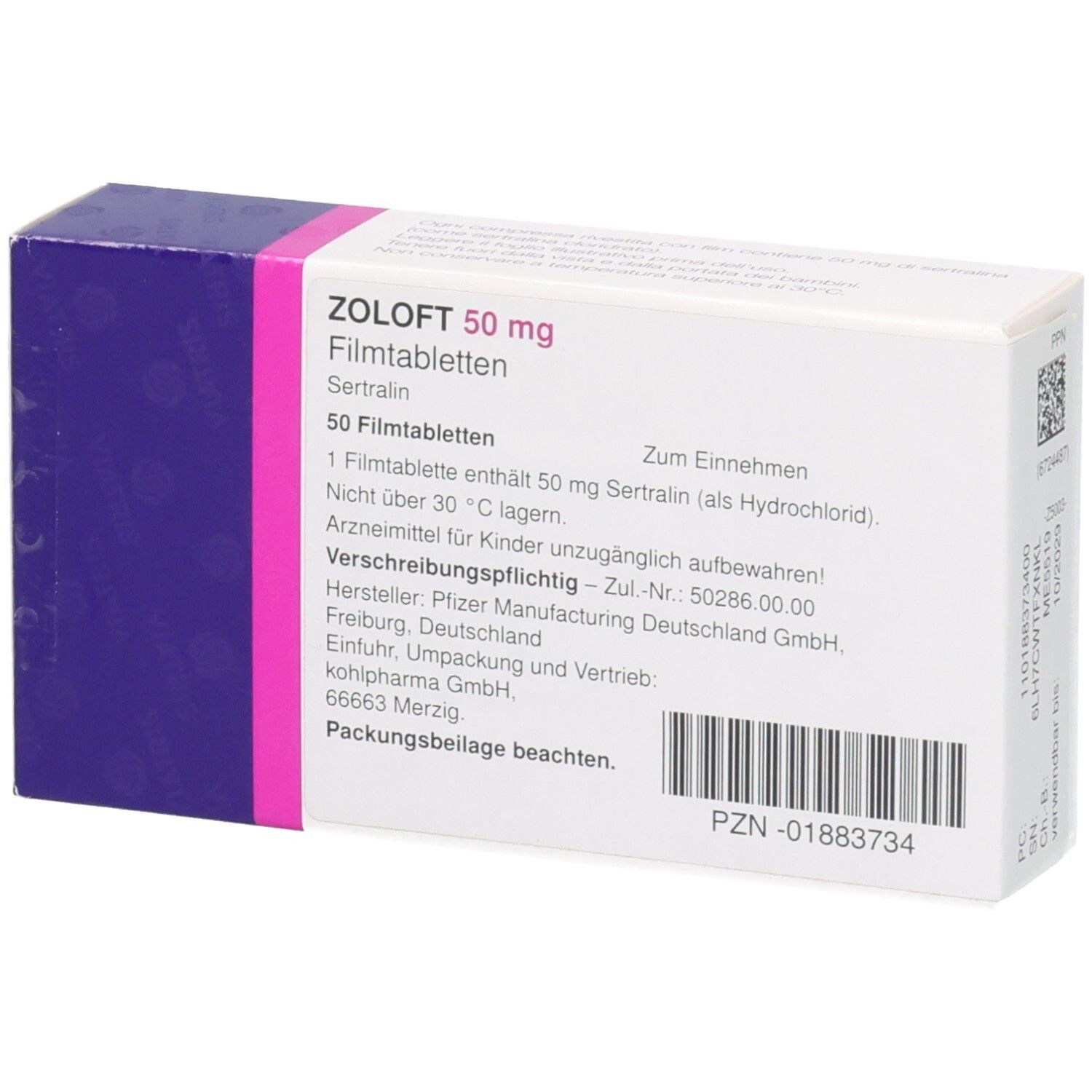 Zoloft 50 mg Schachtel. Aufschrift: Zoloft 50 mg, Sertralin, 50 Filmtabletten. Hersteller: Pfizer.