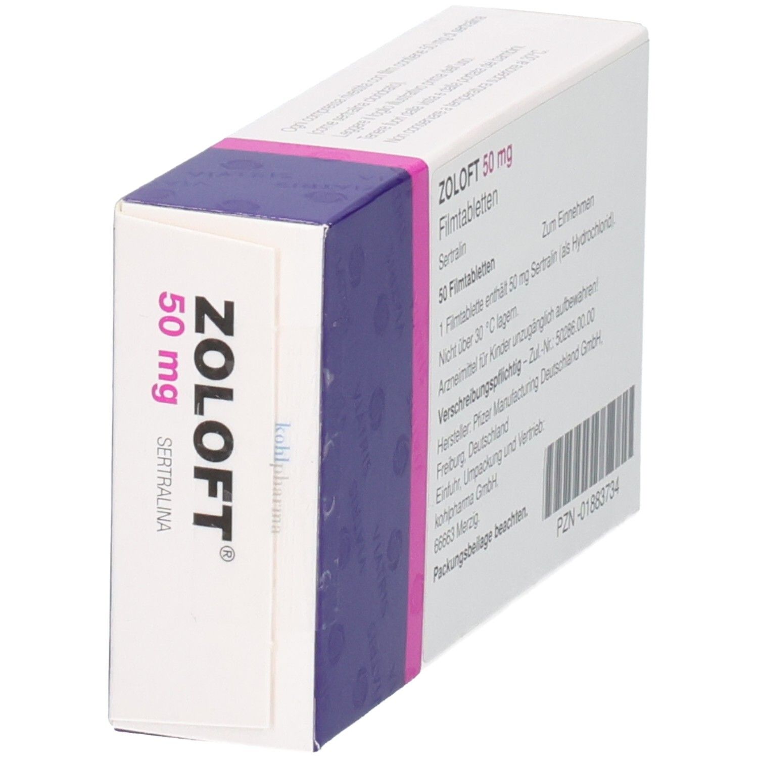 Zoloft 50 mg Schachtel. Aufschrift: Zoloft 50 mg, Sertralina. Verpackung von kohlpharma.