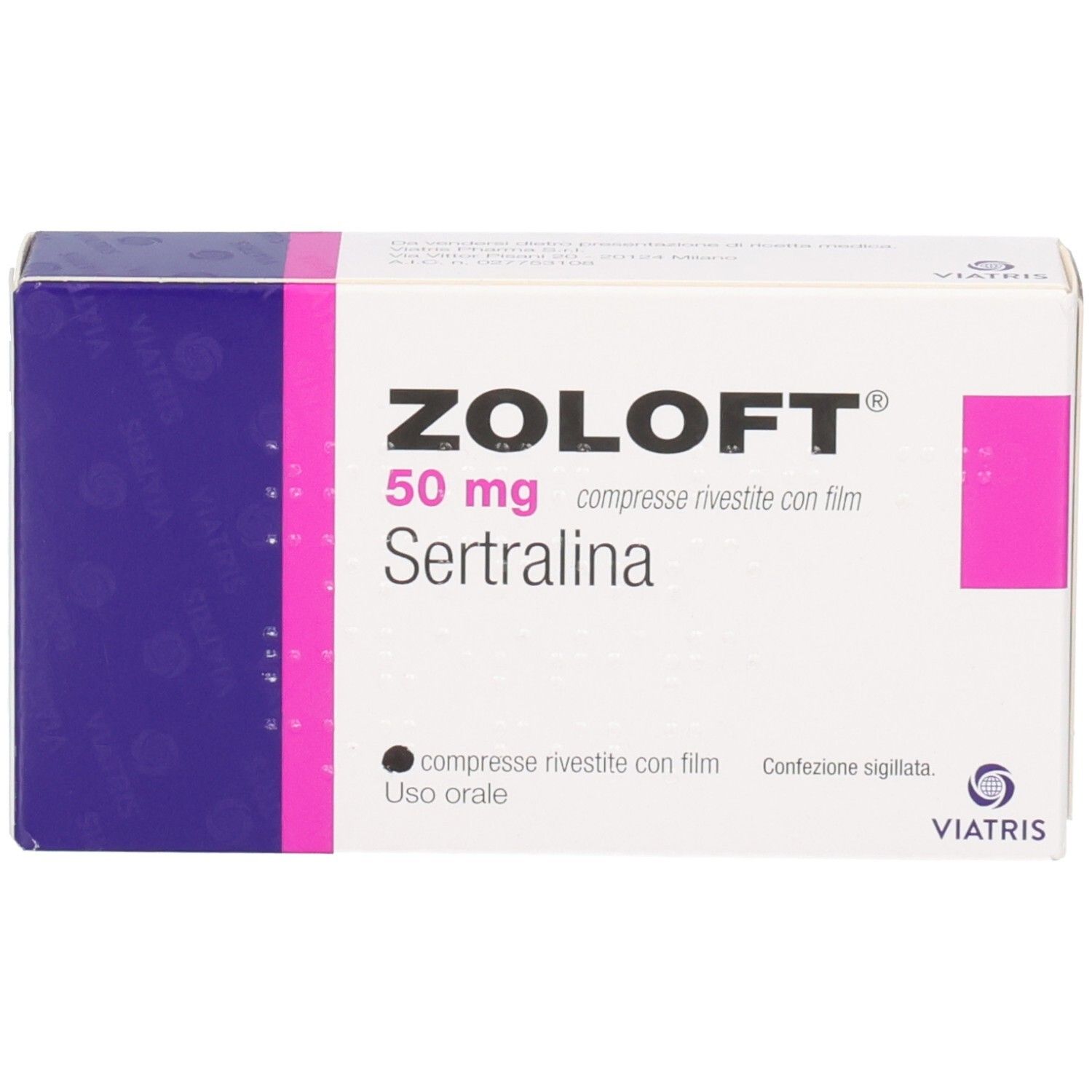 Zoloft 50 mg Schachtel. Aufschrift: Zoloft 50 mg, Sertralina, compresse rivestite con film. Viatris.