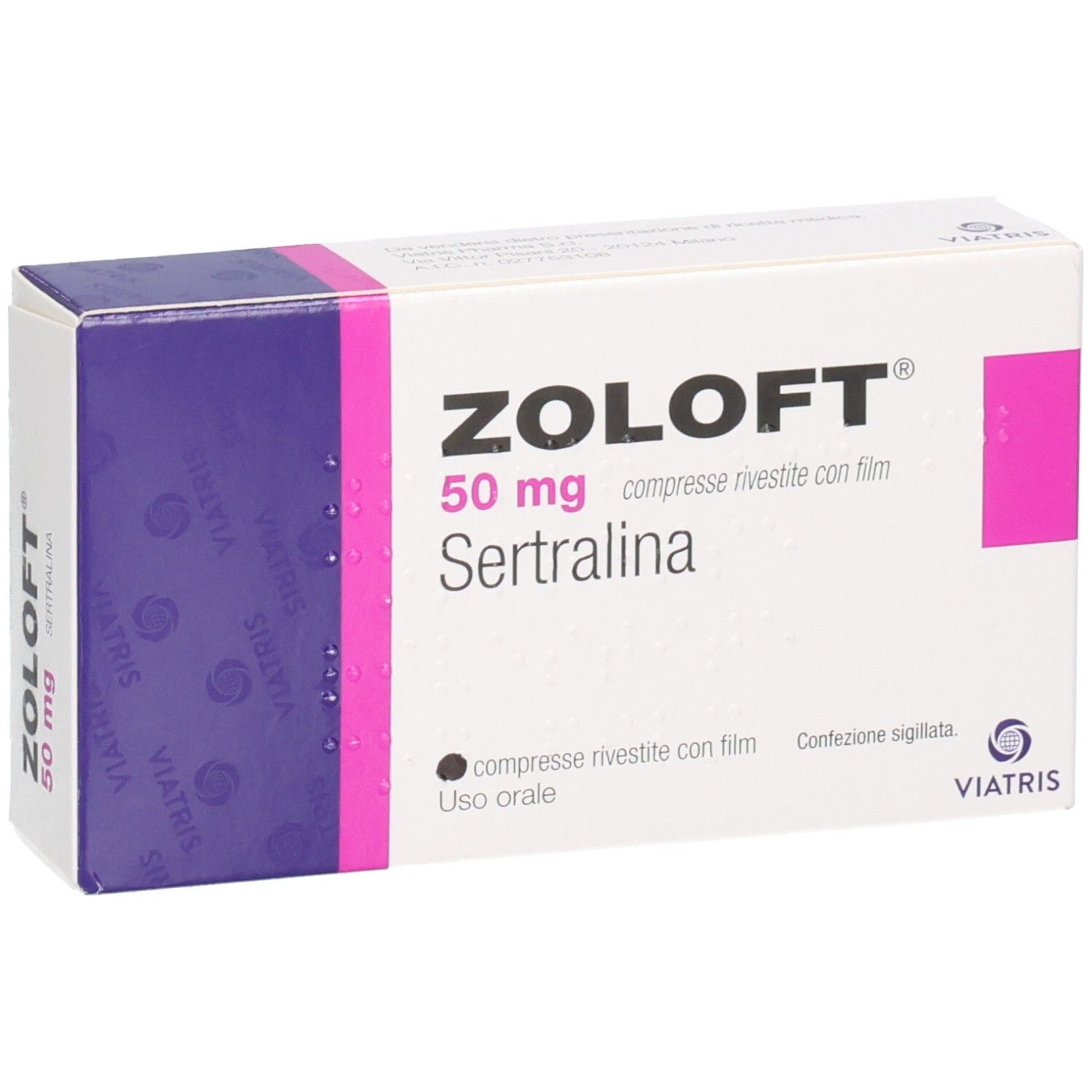 Zoloft 50 mg Schachtel. Aufschrift: Zoloft 50 mg, Sertralina, compresse rivestite con film. Viatris.