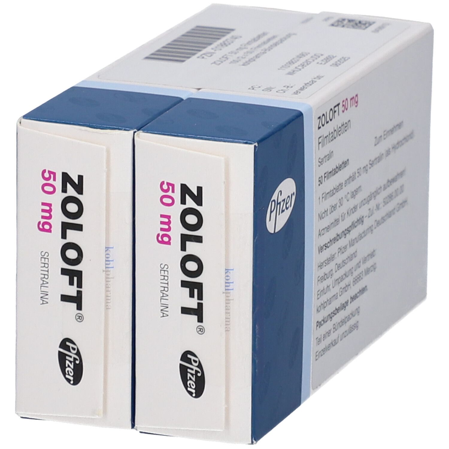 Zwei Zoloft 50 mg Packungen. Weiße Schachteln mit blauer Beschriftung. Pfizer-Logo. Textinformationen.