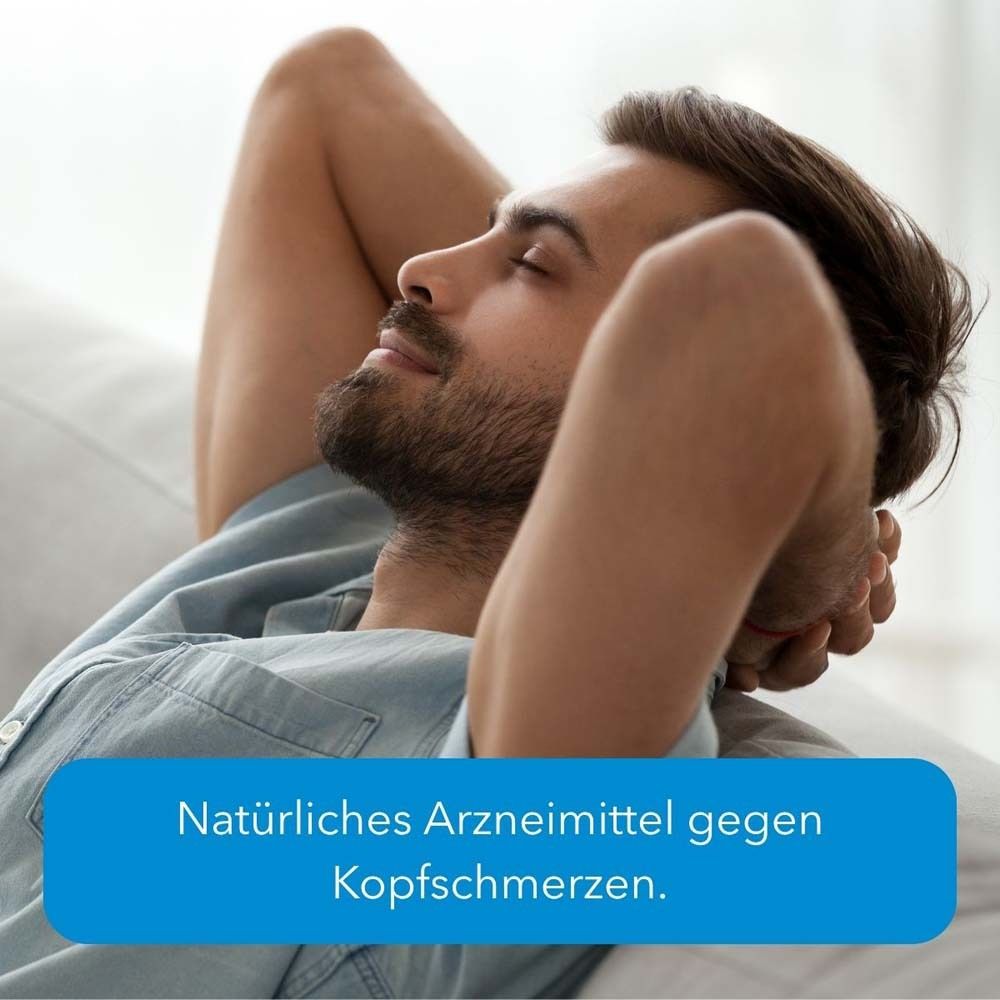 Mann entspannt sich. Textfeld: "Natürliches Arzneimittel gegen Kopfschmerzen".