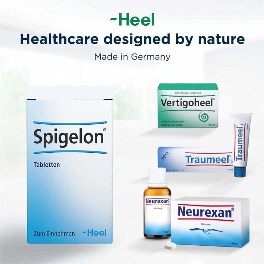 Verschiedene Heel-Produkte, darunter Spigelon Tabletten, Vertigoheel, Traumeel, Neurexan.