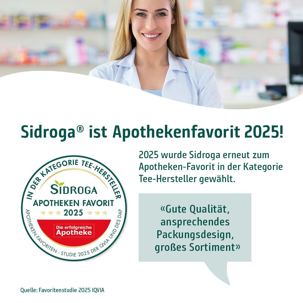 Frau im weißen Kittel, lächelt. Text: Sidroga ist Apothekenfavorit 2025! Auszeichnung und Zitat.