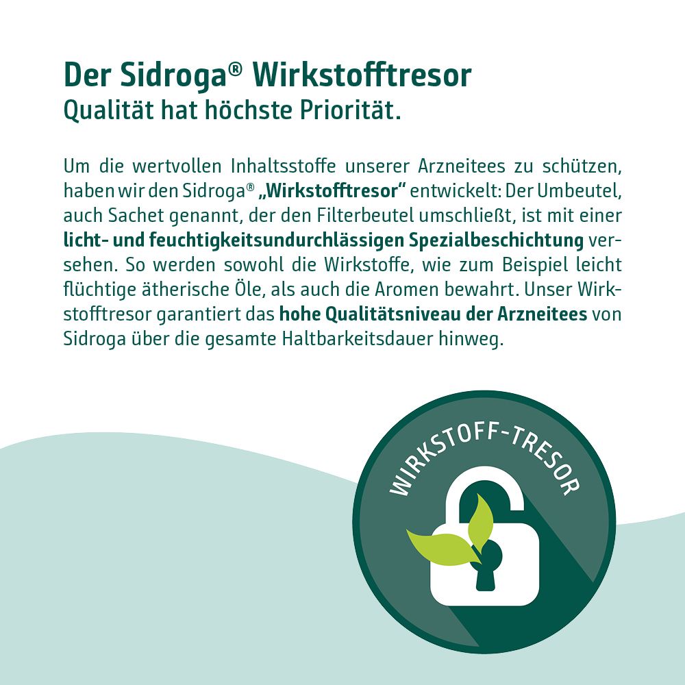 Abbildung: Wirkstofftresor. Text: Der Sidroga Wirkstofftresor. Qualität hat höchste Priorität. Beschreibung.