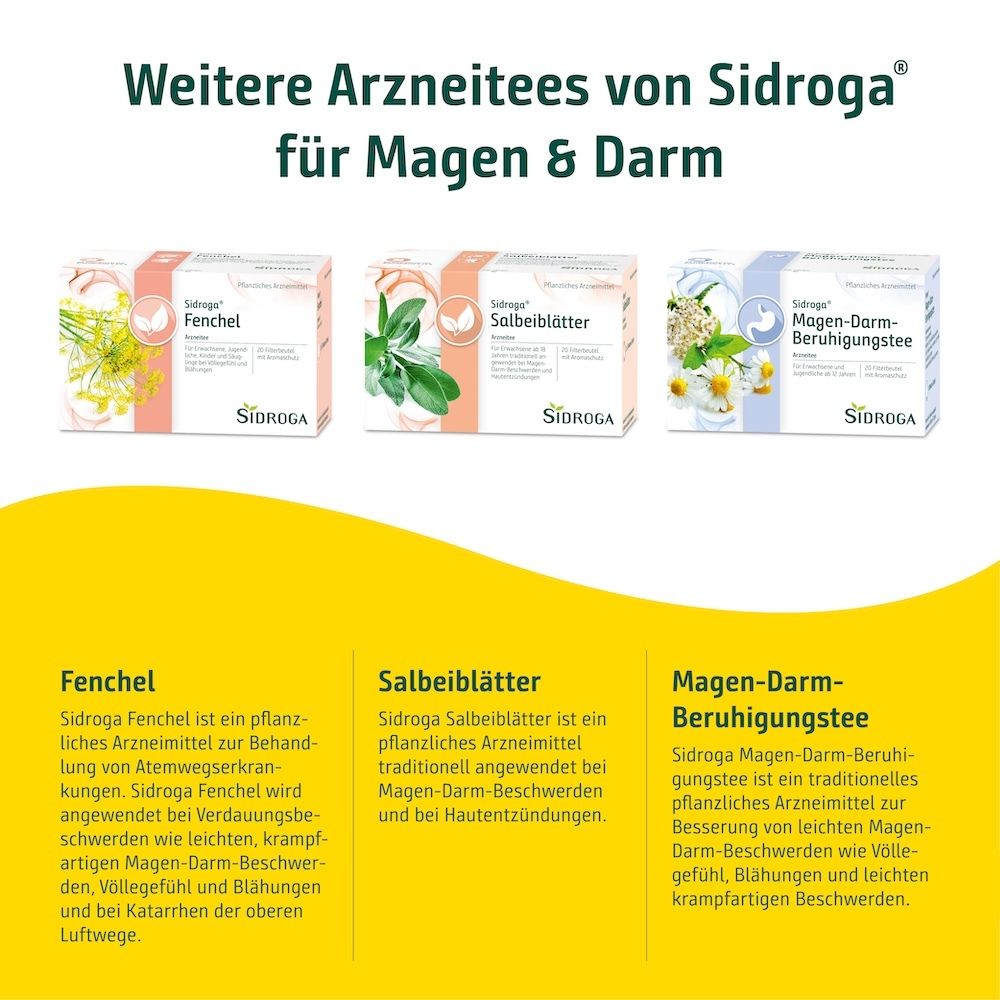 Weitere Arzneitees von Sidroga: Fenchel, Salbeiblätter und Magen-Darm-Beruhigungstee.