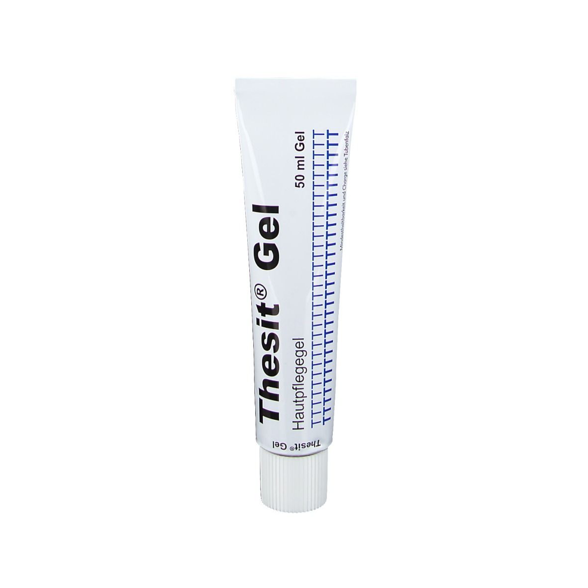 Weiße Tube mit Thesit® Gel-Aufschrift. Blaue Skala und 50 ml Gel-Angabe. Hautpflegegel-Hinweis.
