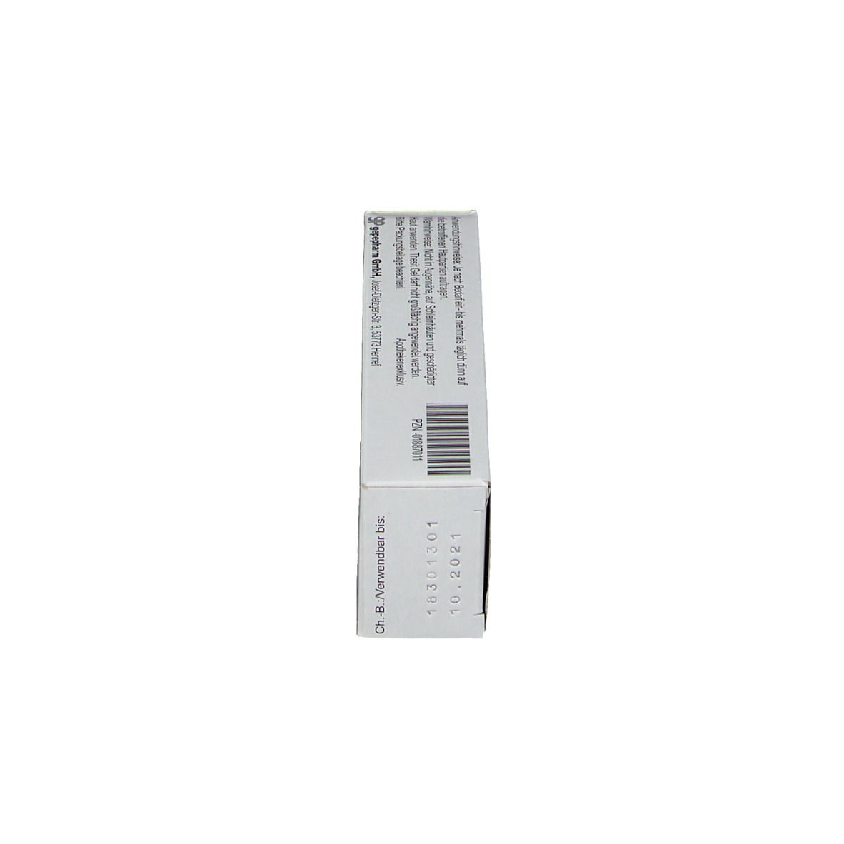Seitenansicht einer weißen Schachtel. Enthält Text und einen Barcode. Verfallsdatum: 10.2021.