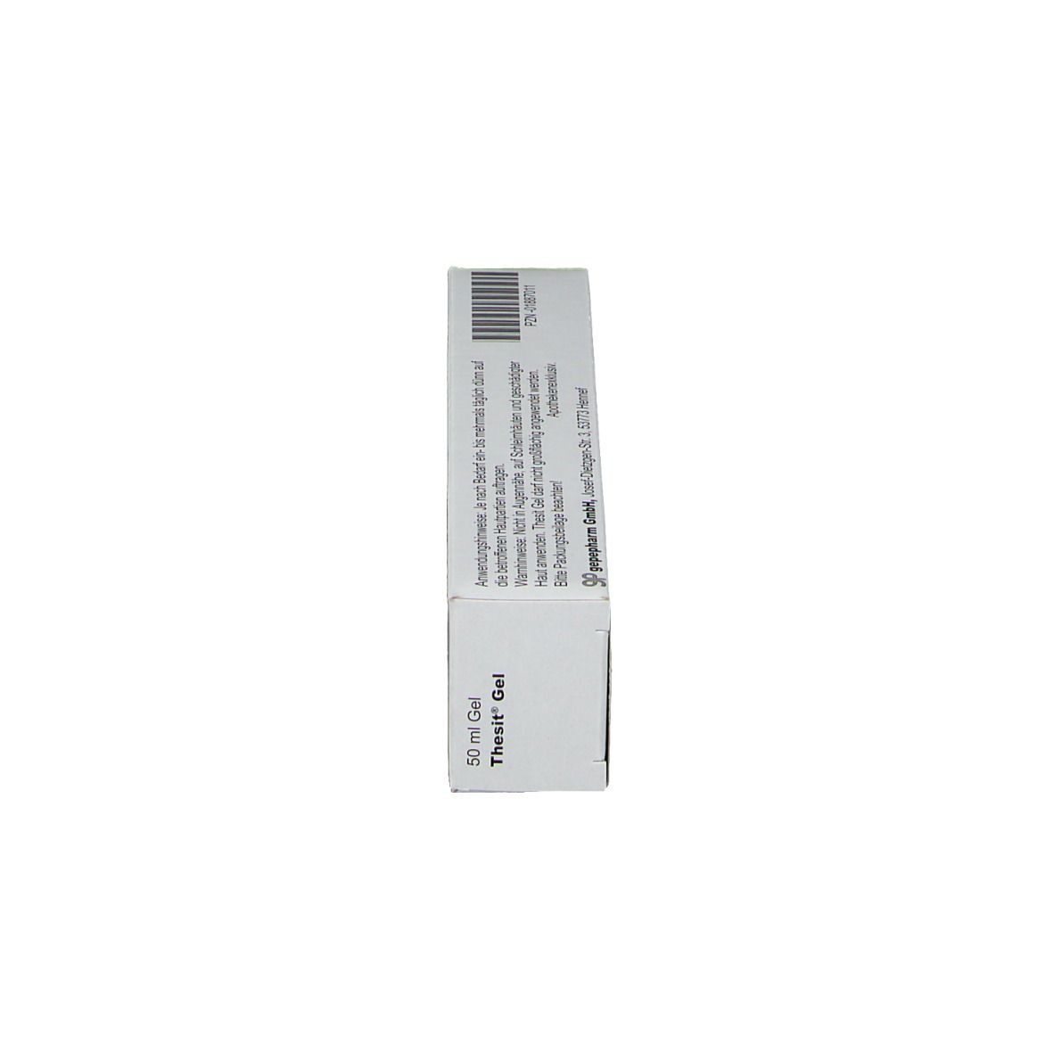 Seitenansicht einer weißen Schachtel. Enthält Text und einen Barcode. 50 ml Gel.