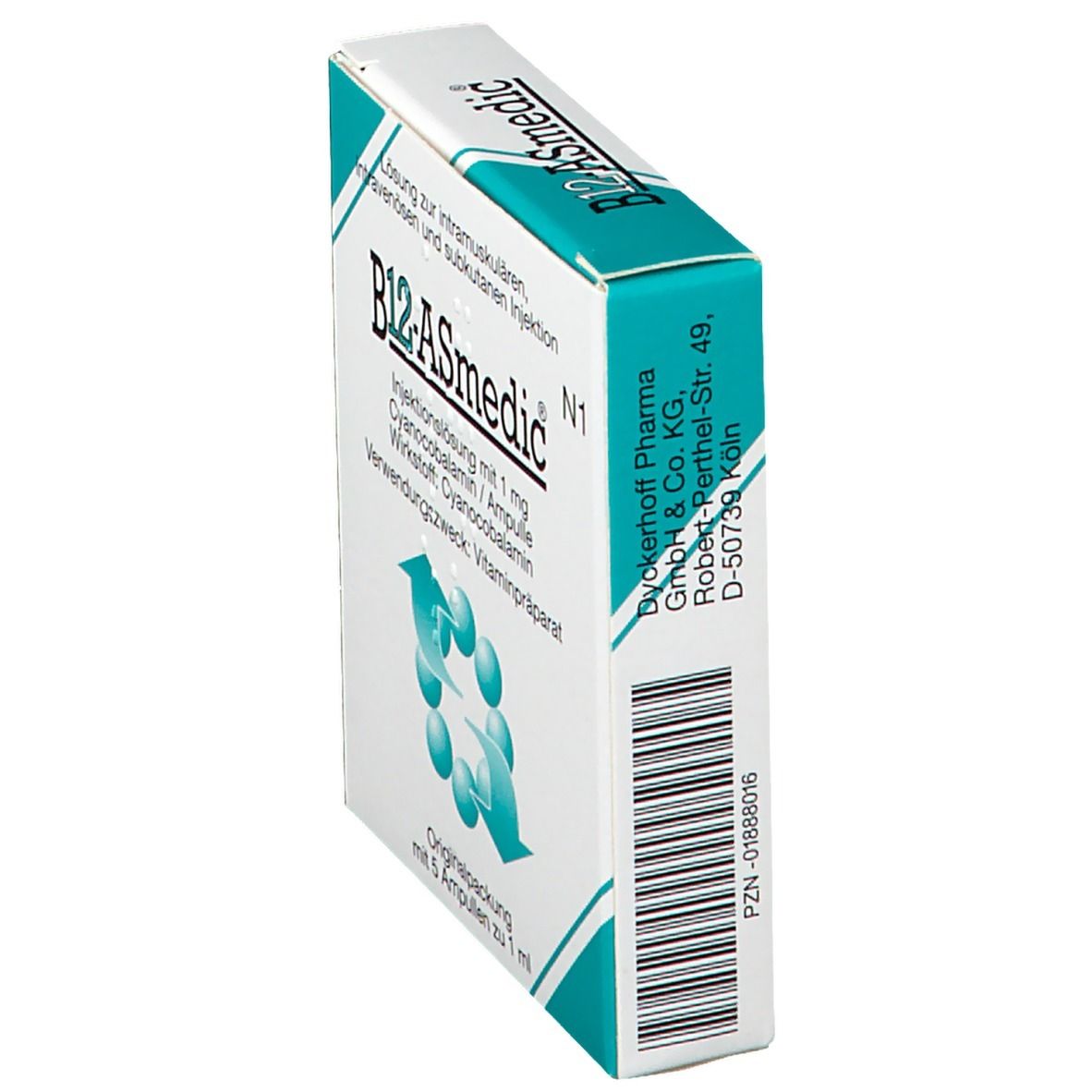 Schräg stehende Verpackung von B12-Asmedic. Weiß mit türkisfarbenen Akzenten. Text: B12-Asmedic, Injektionslösung, 5 Ampullen.