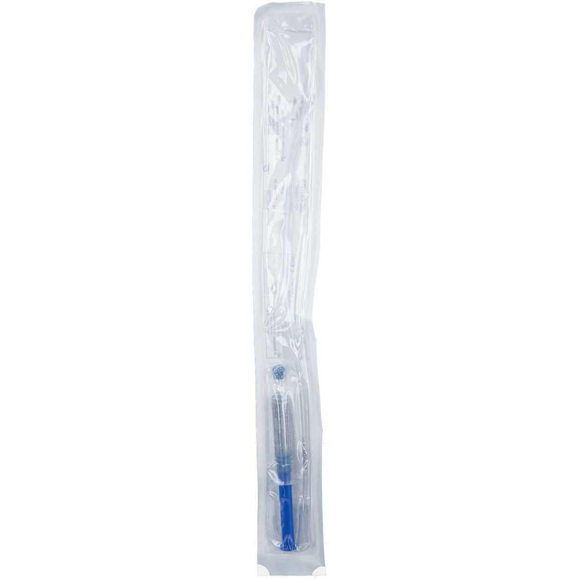 Einmal-Katheter in transparenter Verpackung. Blaue und transparente Elemente sichtbar.