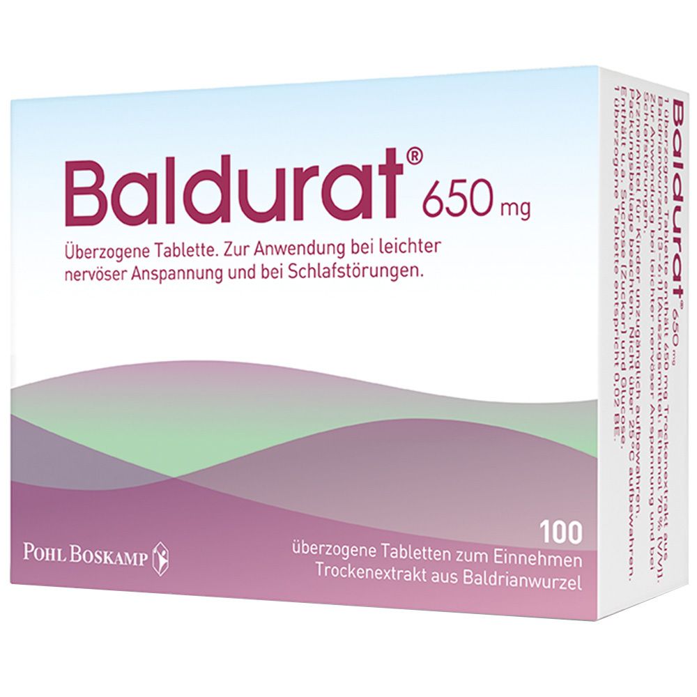Schachtel mit Baldurat® 650 mg Filmtabletten. Text: Überzogene Tablette. 100 Tabletten. Trockenextrakt aus Baldrianwurzel.