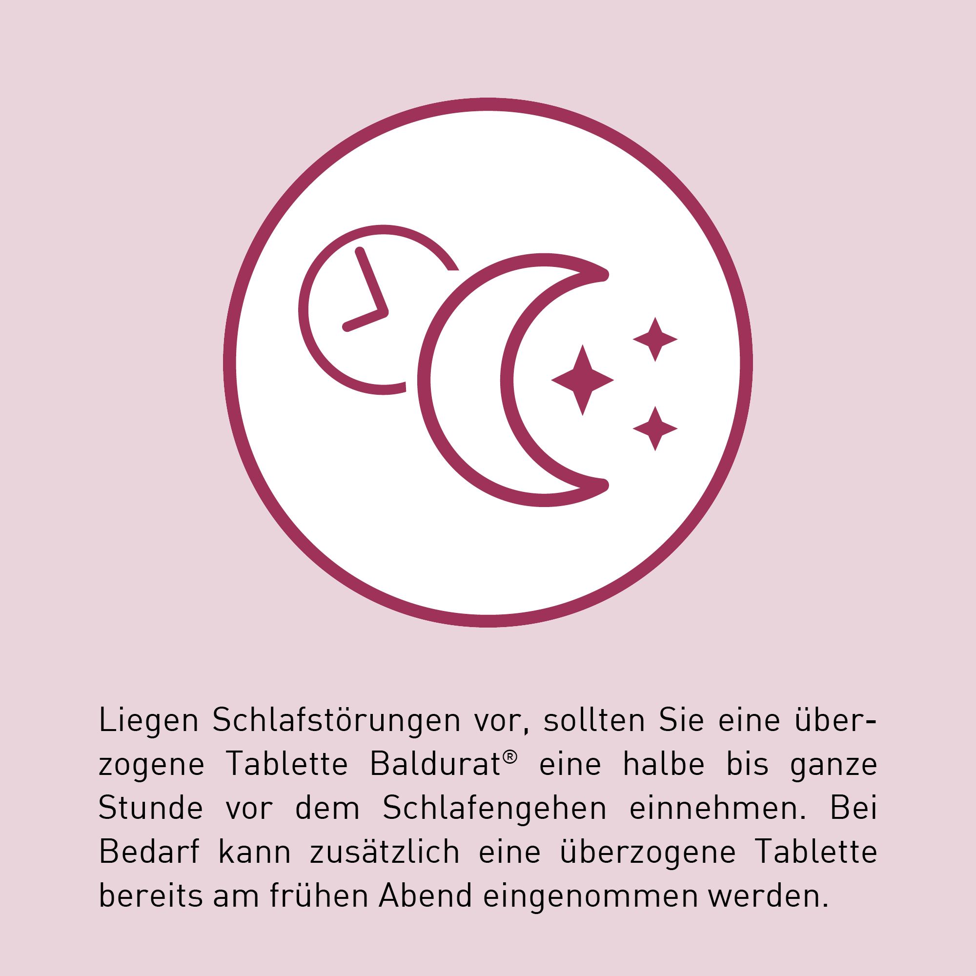 Kreis mit Mond, Sternen und Uhr. Text: Einnahme eine halbe bis ganze Stunde vor dem Schlafengehen.