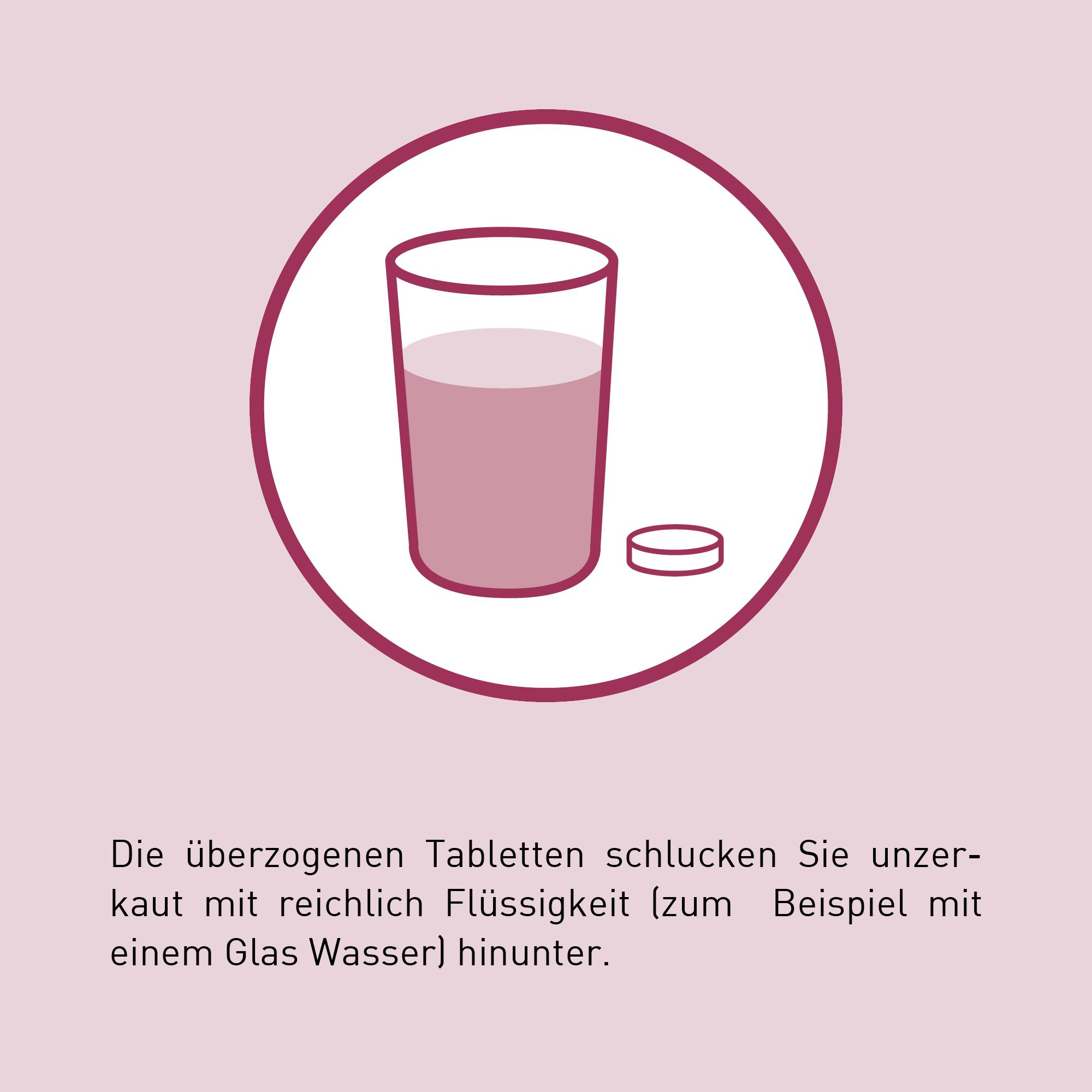 Kreis mit Glas und Tablette. Text: Tabletten unzerkaut mit Flüssigkeit schlucken.