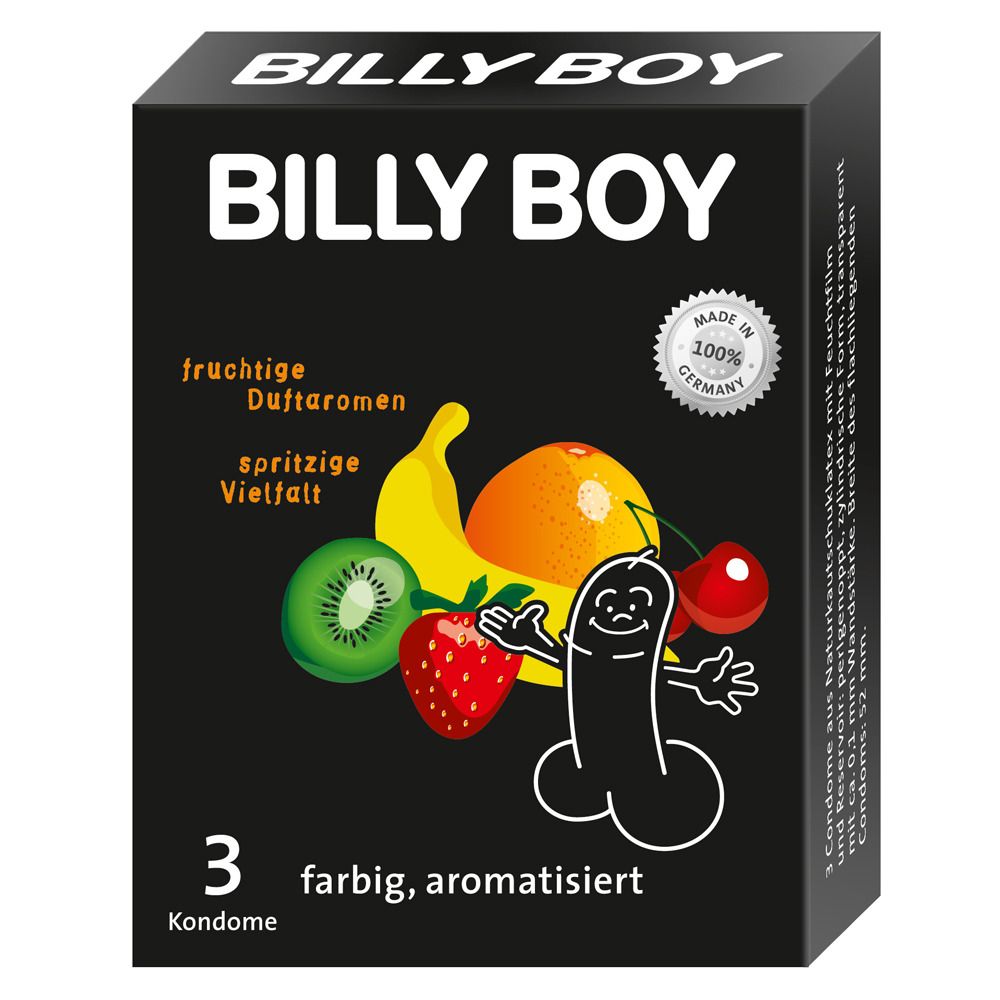 Schwarze Verpackung mit "BILLY BOY"-Logo. Abbildung von Früchten und Kondom-Figur. Text: "3 farbig, aromatisiert". Siegel: "Made in Germany".