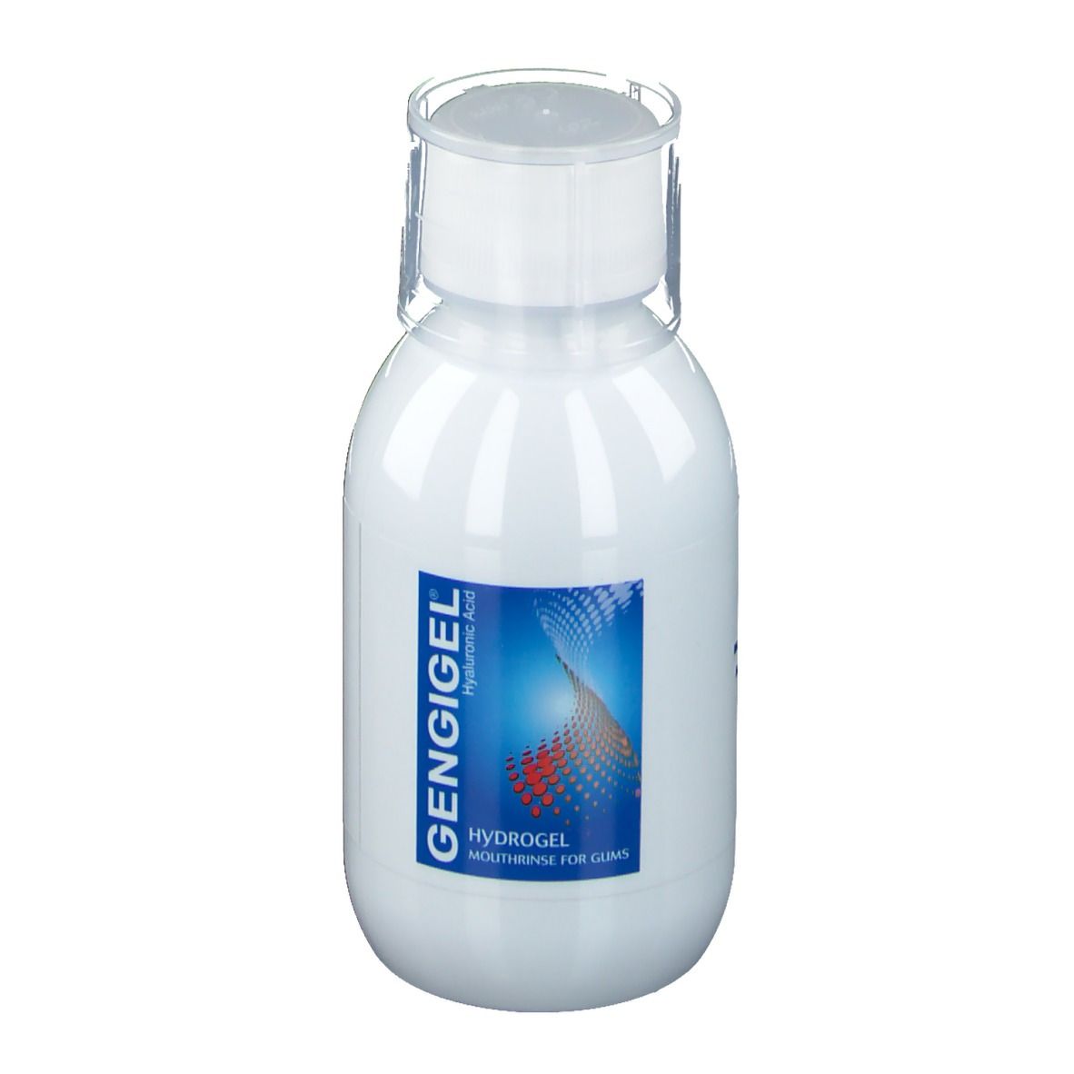 Weiße Flasche mit blauem Etikett. Aufschrift: GENGIGEL, Hydrogel, Mundspülung für das Zahnfleisch.