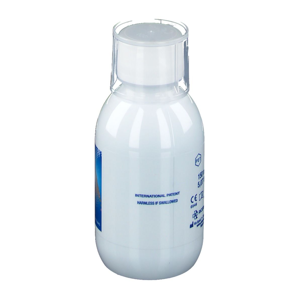 Weiße Flasche mit transparentem Verschluss. Aufschrift: International Patent, Harmless if swallowed.