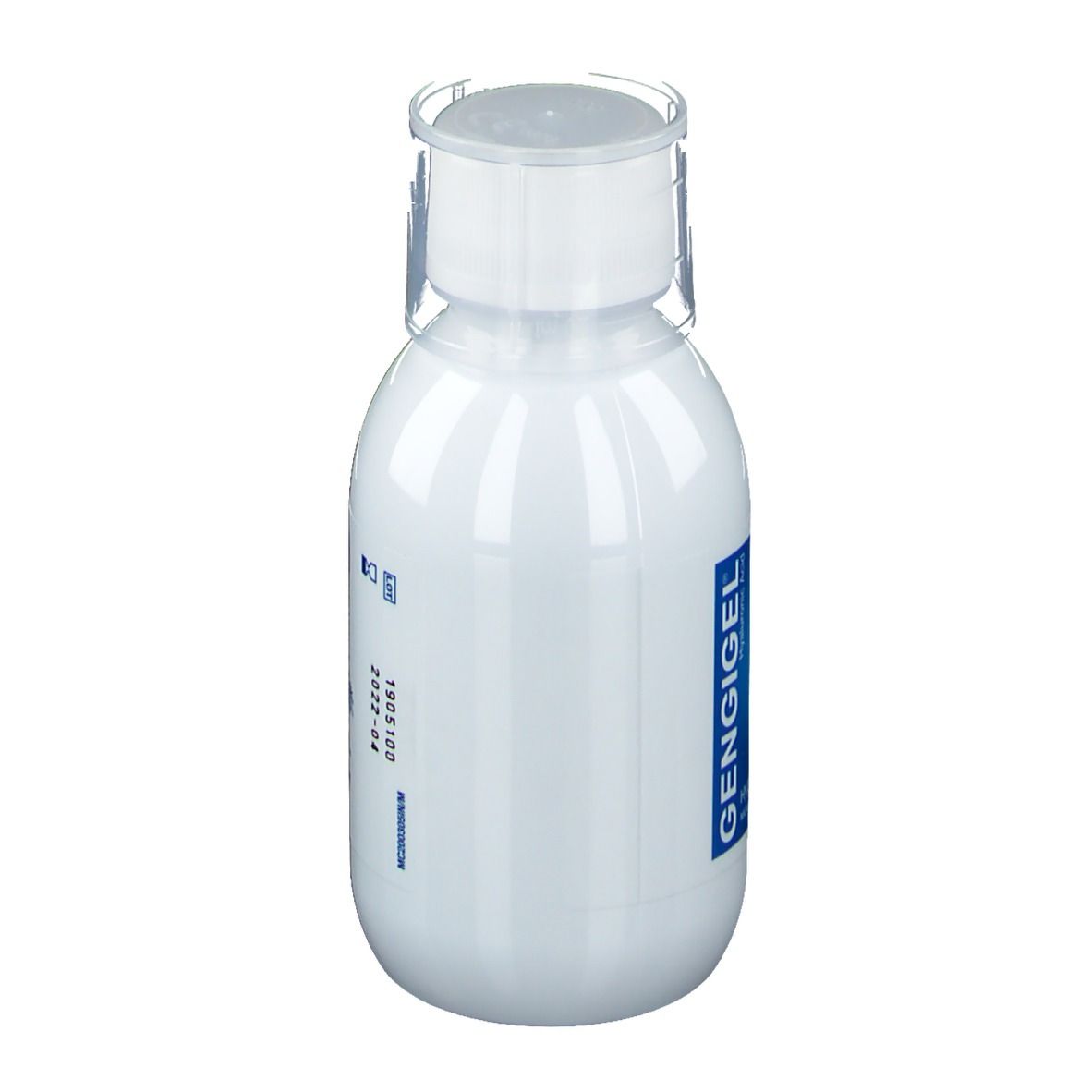 Weiße Flasche mit transparentem Verschluss. Aufschrift: GENGIGEL, Hydrogel, Mundspülung für das Zahnfleisch.