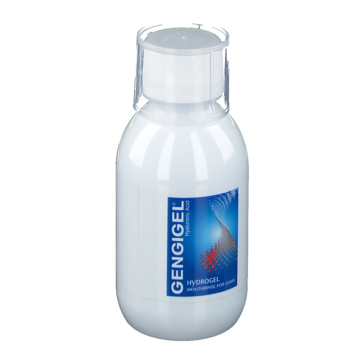 Weiße Flasche mit transparentem Verschluss. Aufschrift: GENGIGEL, Hydrogel, Mundspülung für das Zahnfleisch.